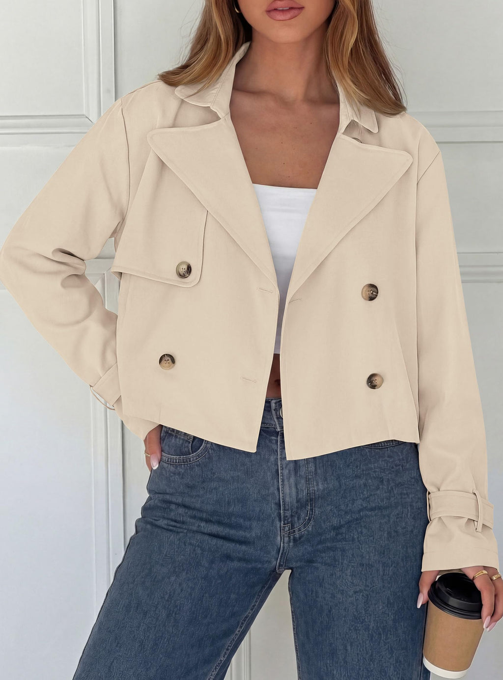 PRETTYGARDEN Cropped Trench Coat For Women Short Jacket,Soft Lightweight Coats, Lapel Double Breasted, Long Sleeve Loose Fit, Casual Work Office Jackets, Fall Winter Outwear