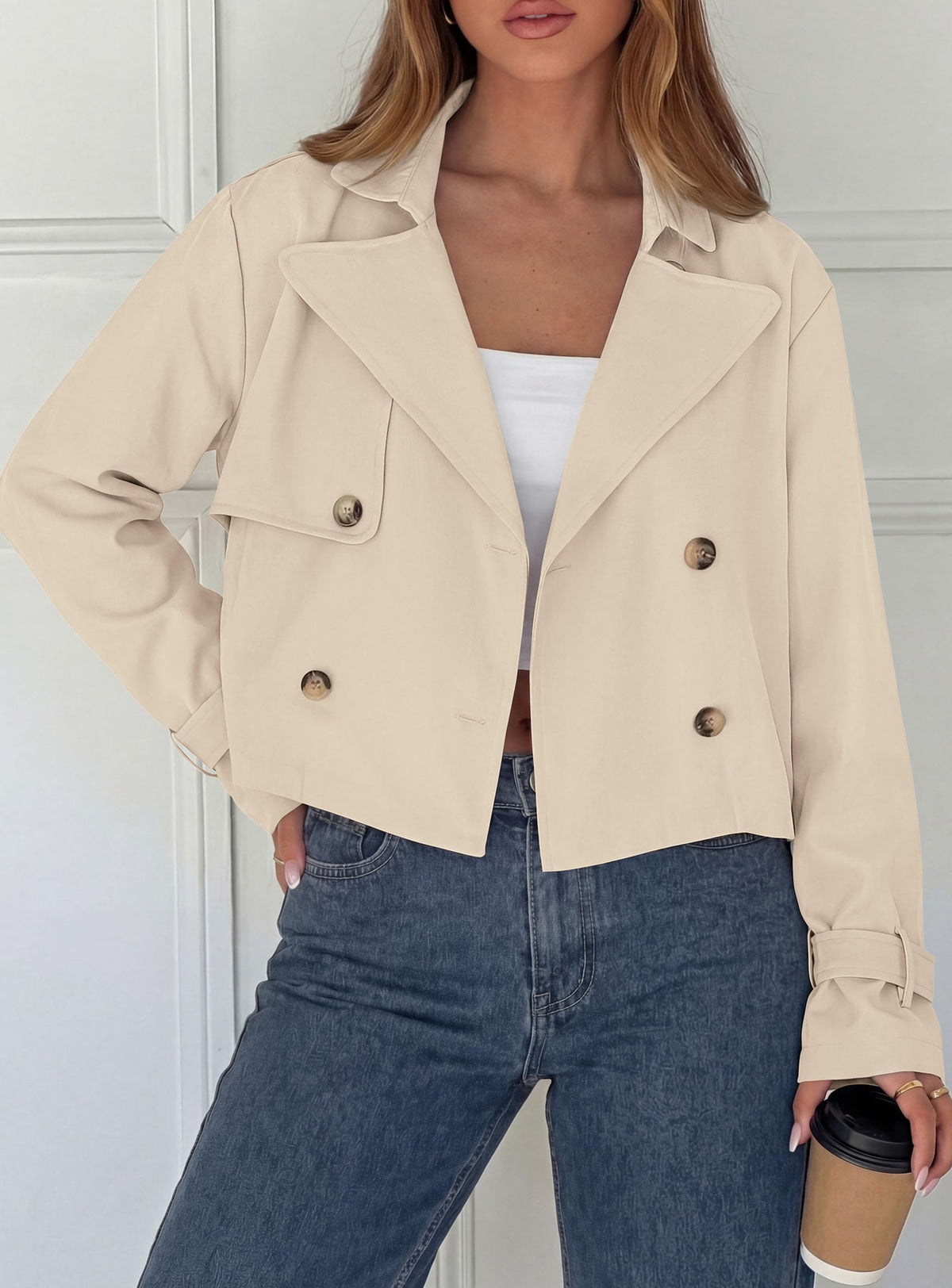 PRETTYGARDEN Cropped Trench Coat For Women Short Jacket,Soft Lightweight Coats, Lapel Double Breasted, Long Sleeve Loose Fit, Casual Work Office Jackets, Fall Winter Outwear