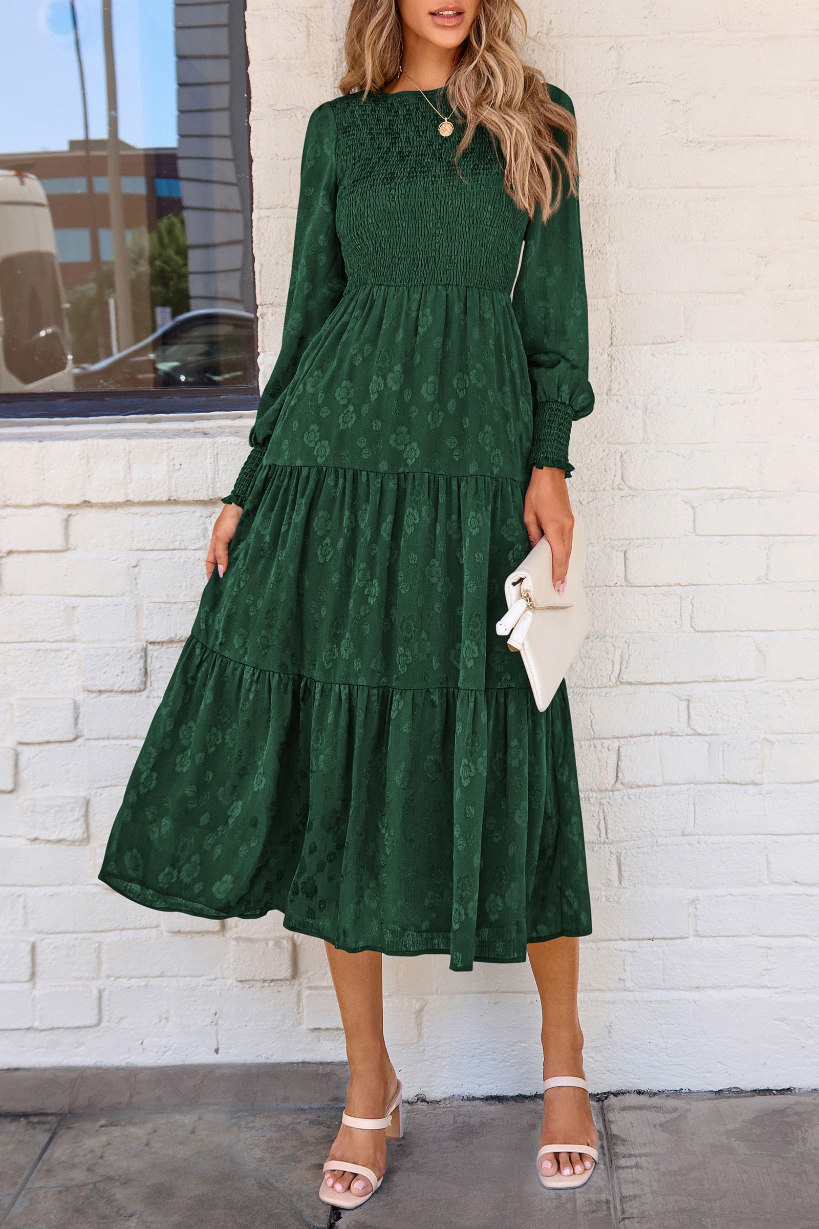 PRETTYGARDEN Women's Fall Spring Midi Dress Long Sleeve Floral Smocked Elegant Wedding Guest Long Flowy Dresses with Pockets