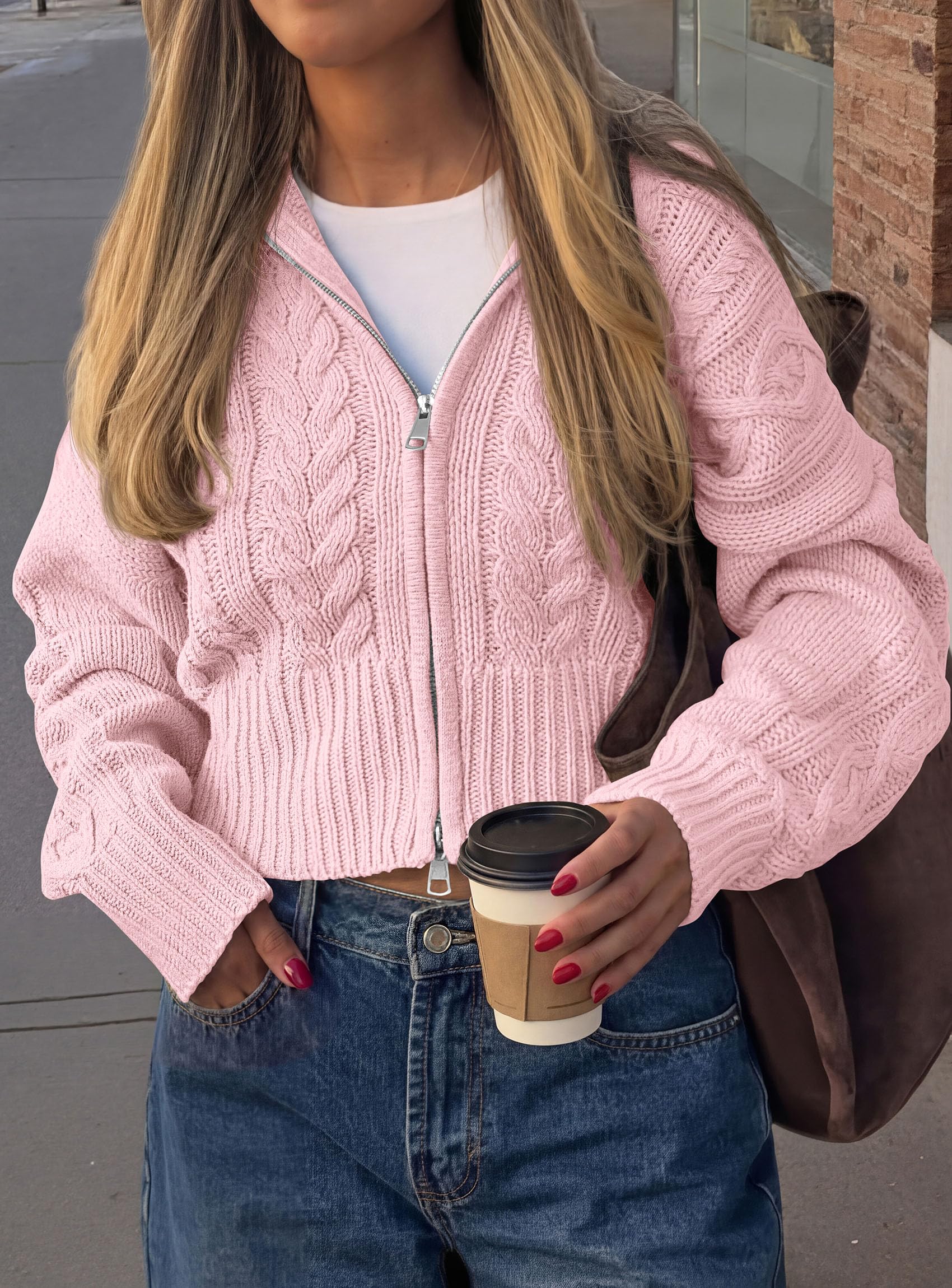 PRETTYGARDEN Women's Cable Knit Cropped Cardigan Sweaters Oversized Sweater, Long Sleeve Zip Up Jacket, Collared Neck, Ribbed Hem, Cozy Soft Casual Wear, Fall Clothes Winter Outerwear