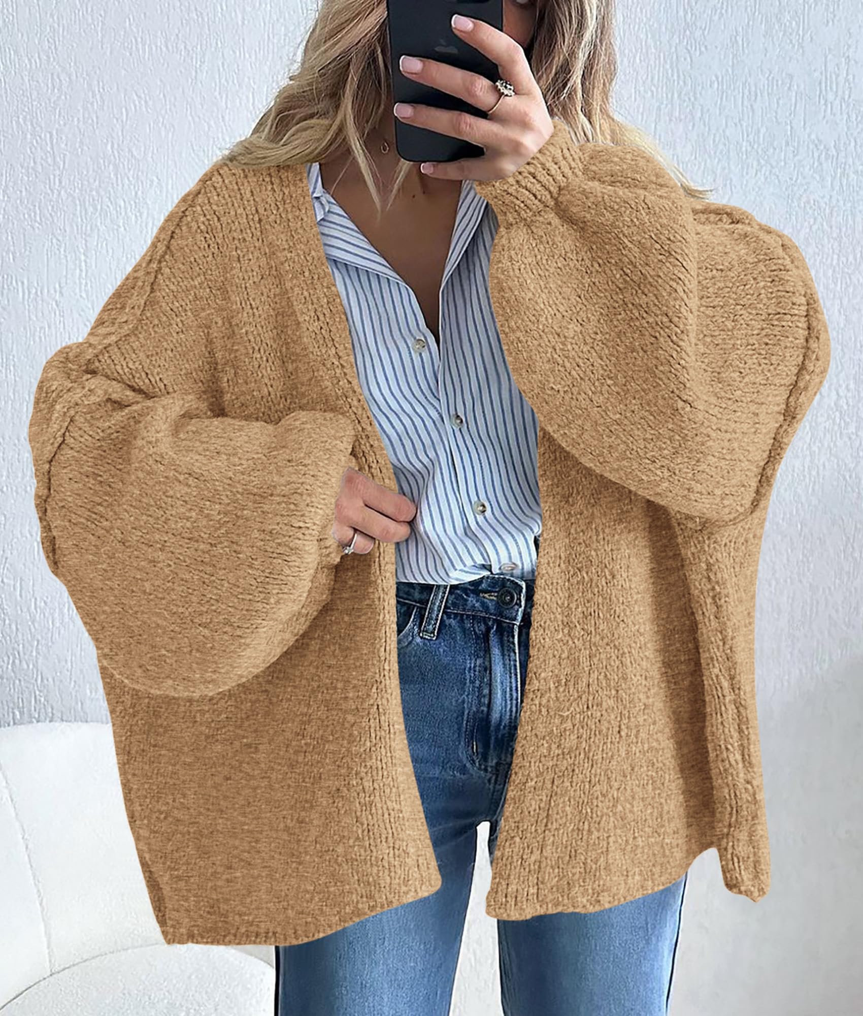 PRETTYGARDEN Womens Oversized Cardigan Sweaters Fall Long Lantern Sleeve Knit Open Front Lightweight Sweater