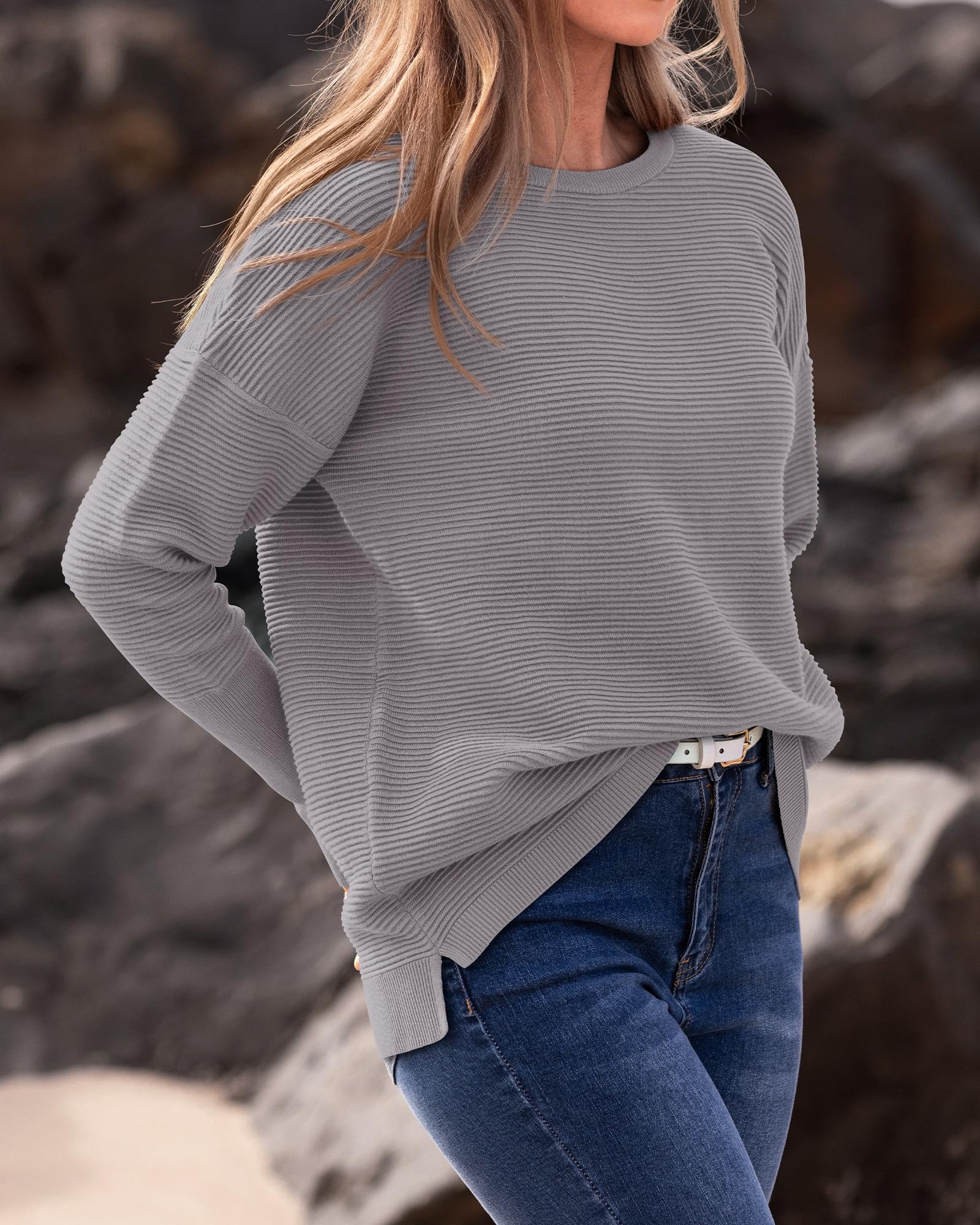 FreshPrettyFall Sweaters for Women Casual Long Sleeve Sweater Striped Loose Fit Pullover Tops