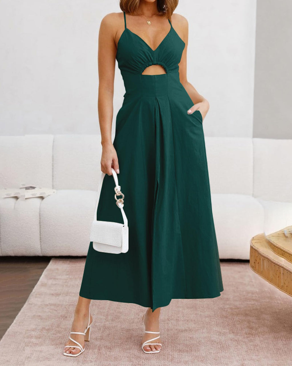 BTFBM Women Spaghetti Strap Midi Summer Dresses Sleeveless V Neck Cutout Slit Casual Beach Party Maxi Dress Pockets