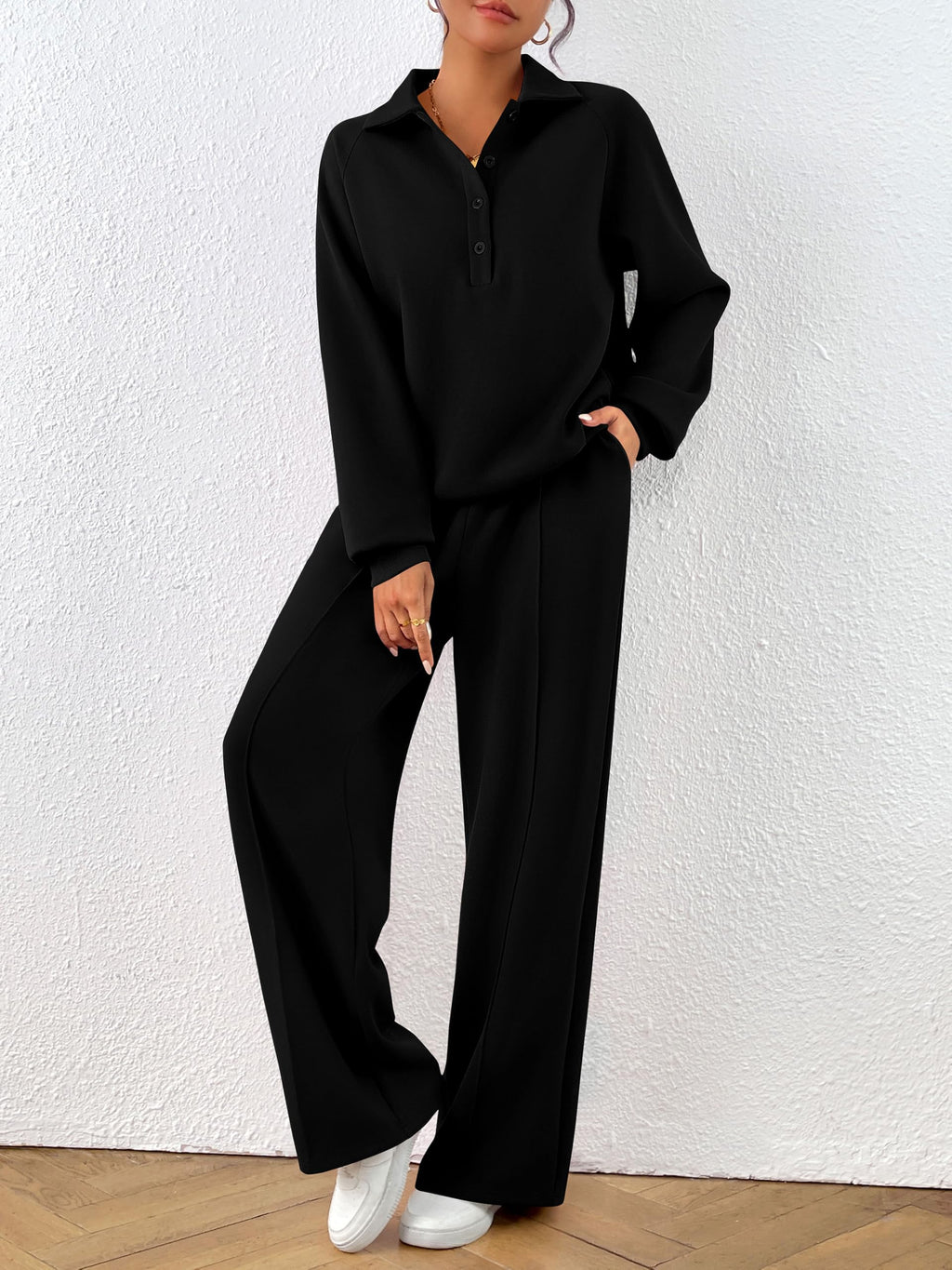 PRETTYGARDEN Women Fall 2 Piece Outfits Sweatsuits Lounge Sets Quarter Button Long Sleeve Sweatshirt, Wide Leg Sweat Pants, Casual 2 Piece Sets Tracksuit, Airport Travel Outfits for Women