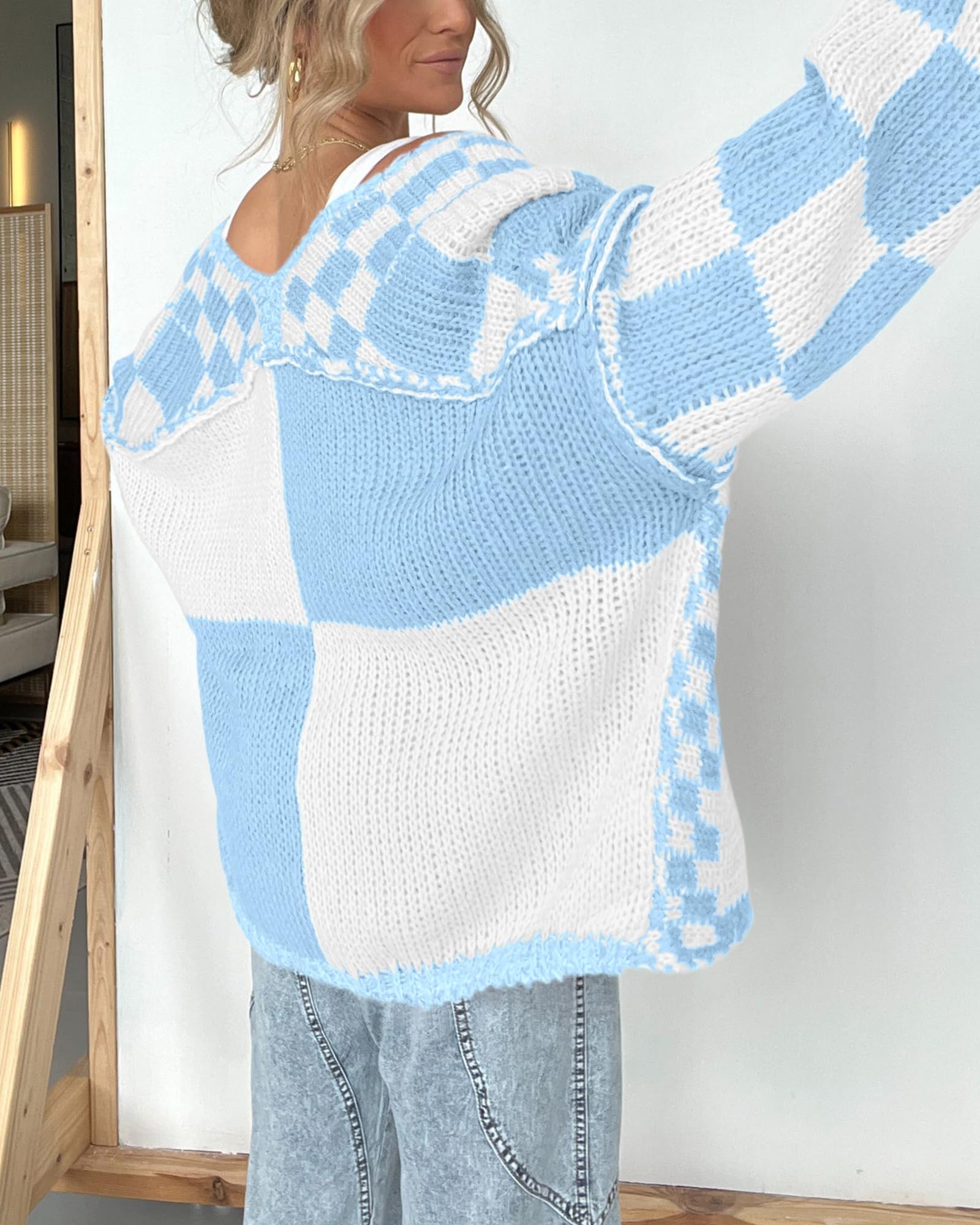 FreshPretty Casual Cardigan Sweater for Women Fall Long Sleeve Open Front Chunky Knit Sweaters Checkered Outwear Coat