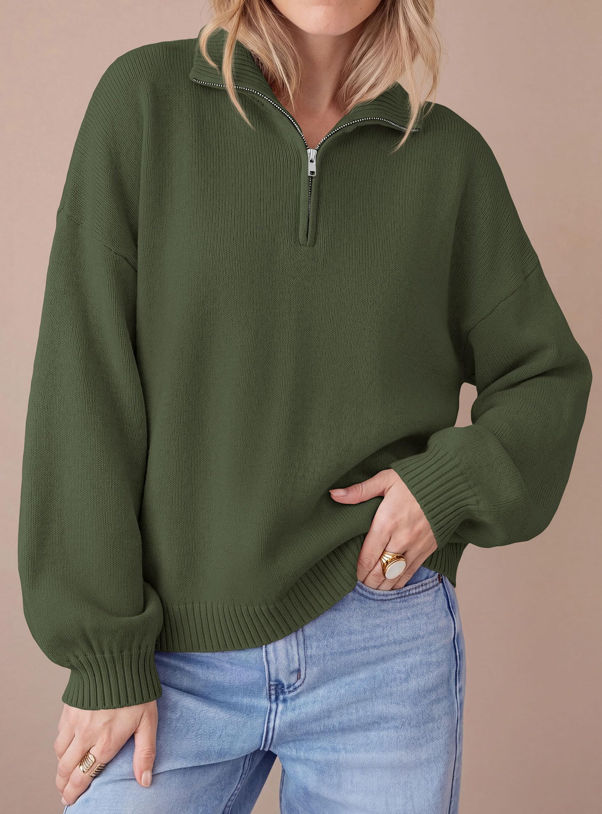 PRETTYGARDEN Women's Quarter Zip Pullover Oversized Sweaters Collared Neck, Long Balloon Sleeve, Jumper Tops, Soft Cozy Knit, Ribbed Hem, Loose Fit, Fall Outfits, Winter Fashion Clothing