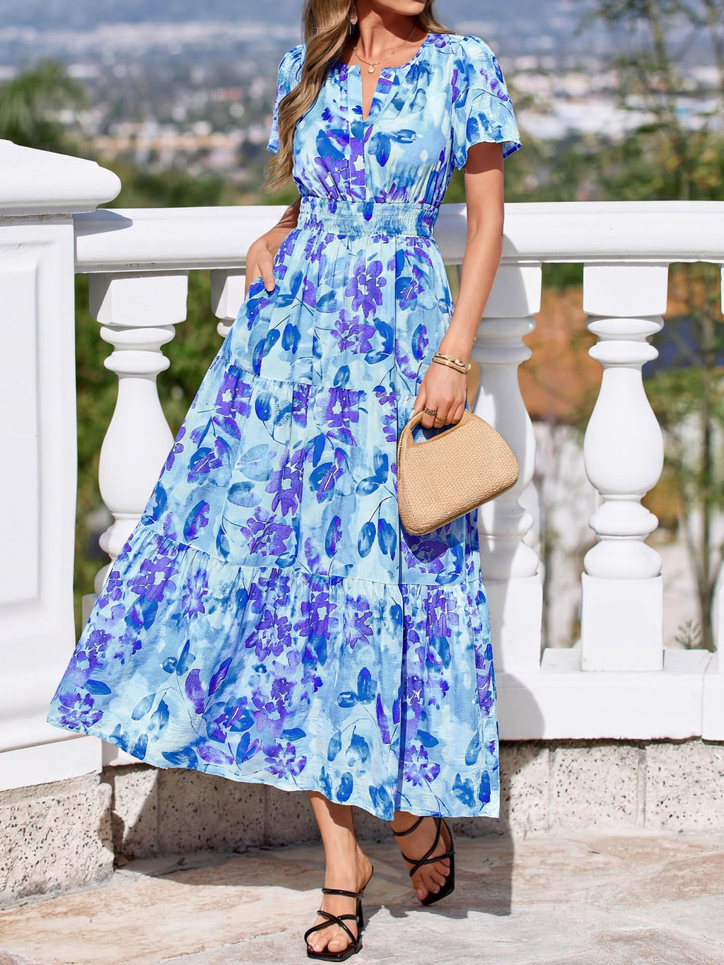 BTFBM Womens Summer Floral Maxi Dresses V Neck Short Sleeve Boho Casual Flowy Long Wedding Guest Dress Beach Vacation