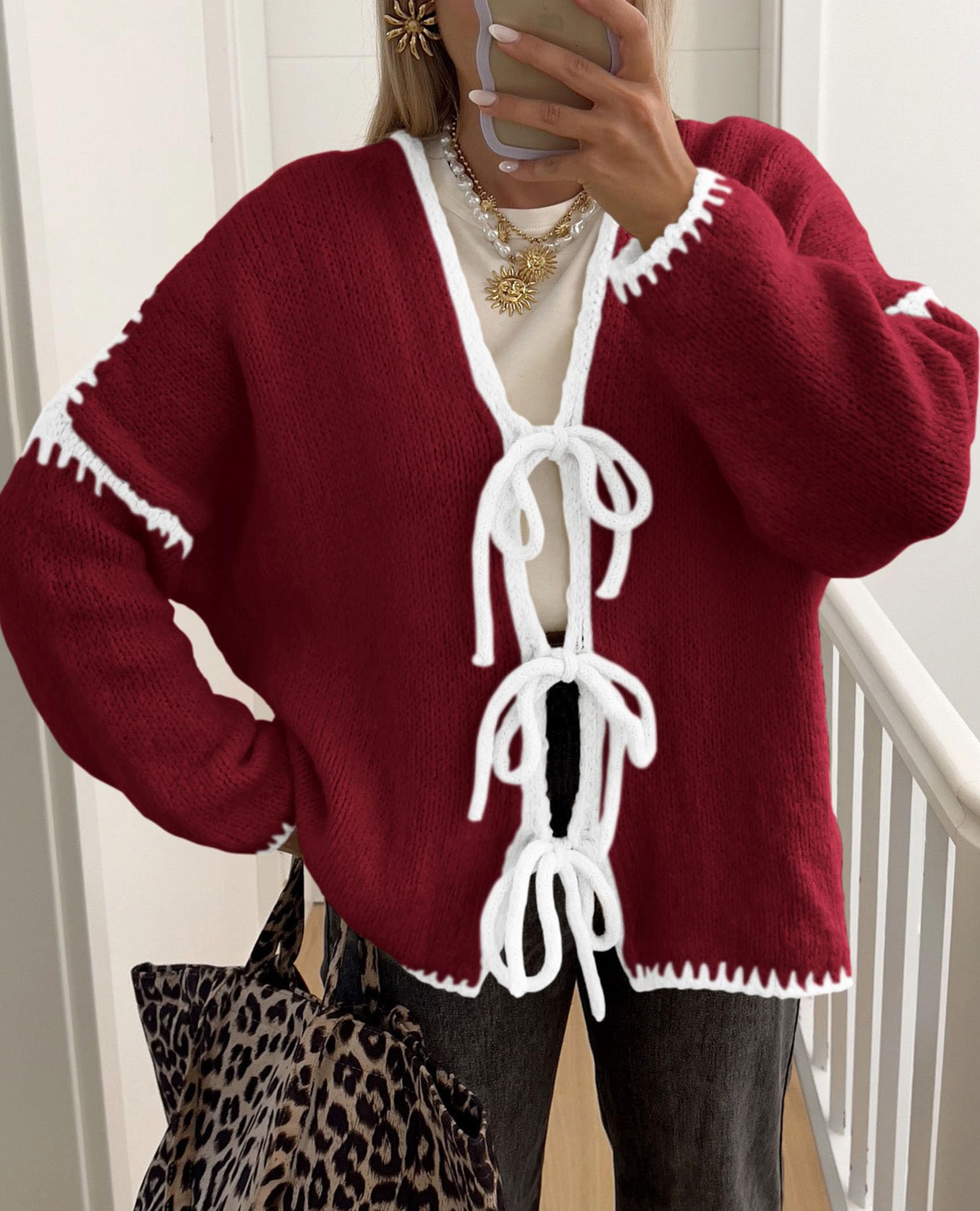 PRETTYGARDEN Women's Tie Front Bow Cardigan Sweaters Chunky Knit Long Puff Sleeve Trendy Fall Winter Jacket Coat