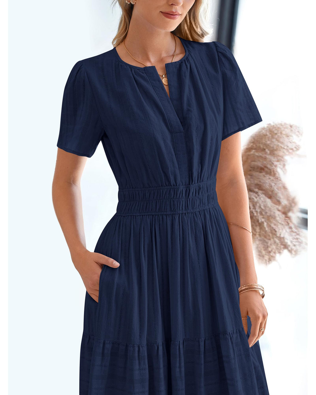 FreshPretty Womens Summer Casual Midi Maxi Dresses Lightweight Short Sleeve V Neck Elastic Waist Boho Beach Dress Pockets