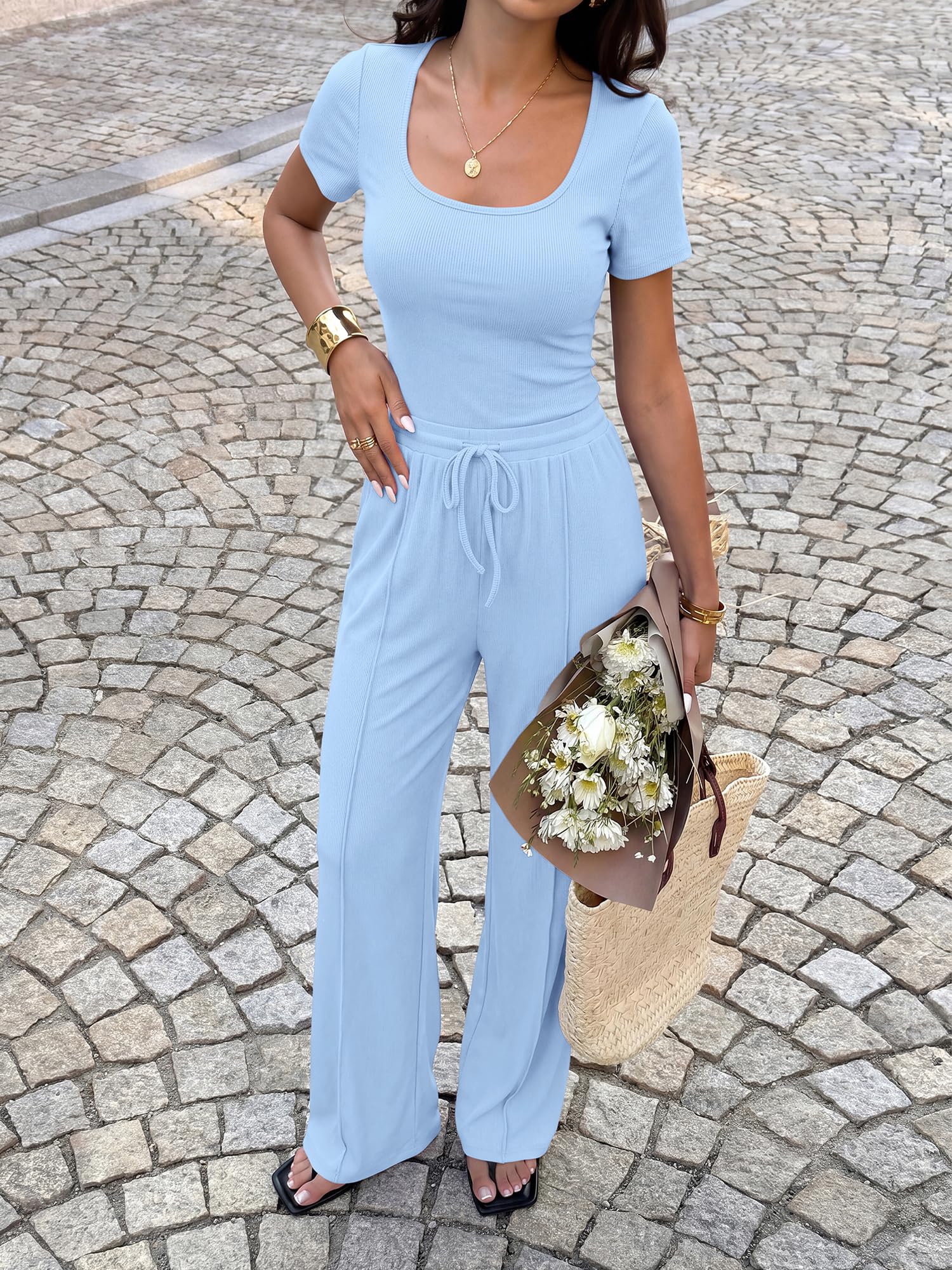 BTFBM Womens Summer 2 Piece Outfits Square Neck Short Sleeve Drawstring Pants Knit Spring Lounge Matching Sets