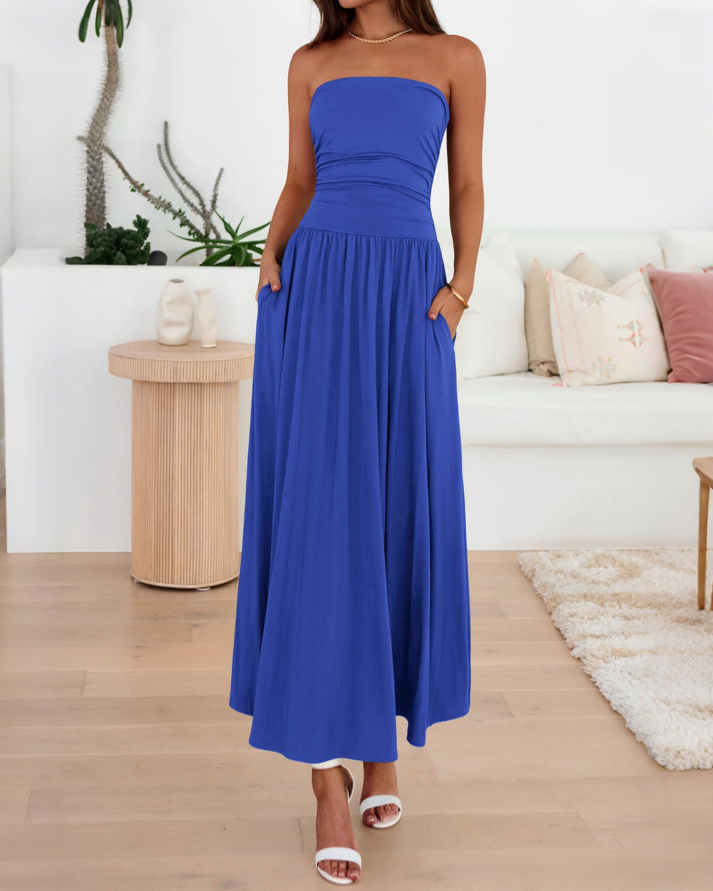 BTFBM Summer Maxi Dresses for Women Strapless Ruched Tube Top Beach Vacation Spring Wedding Guest Dress Pockets