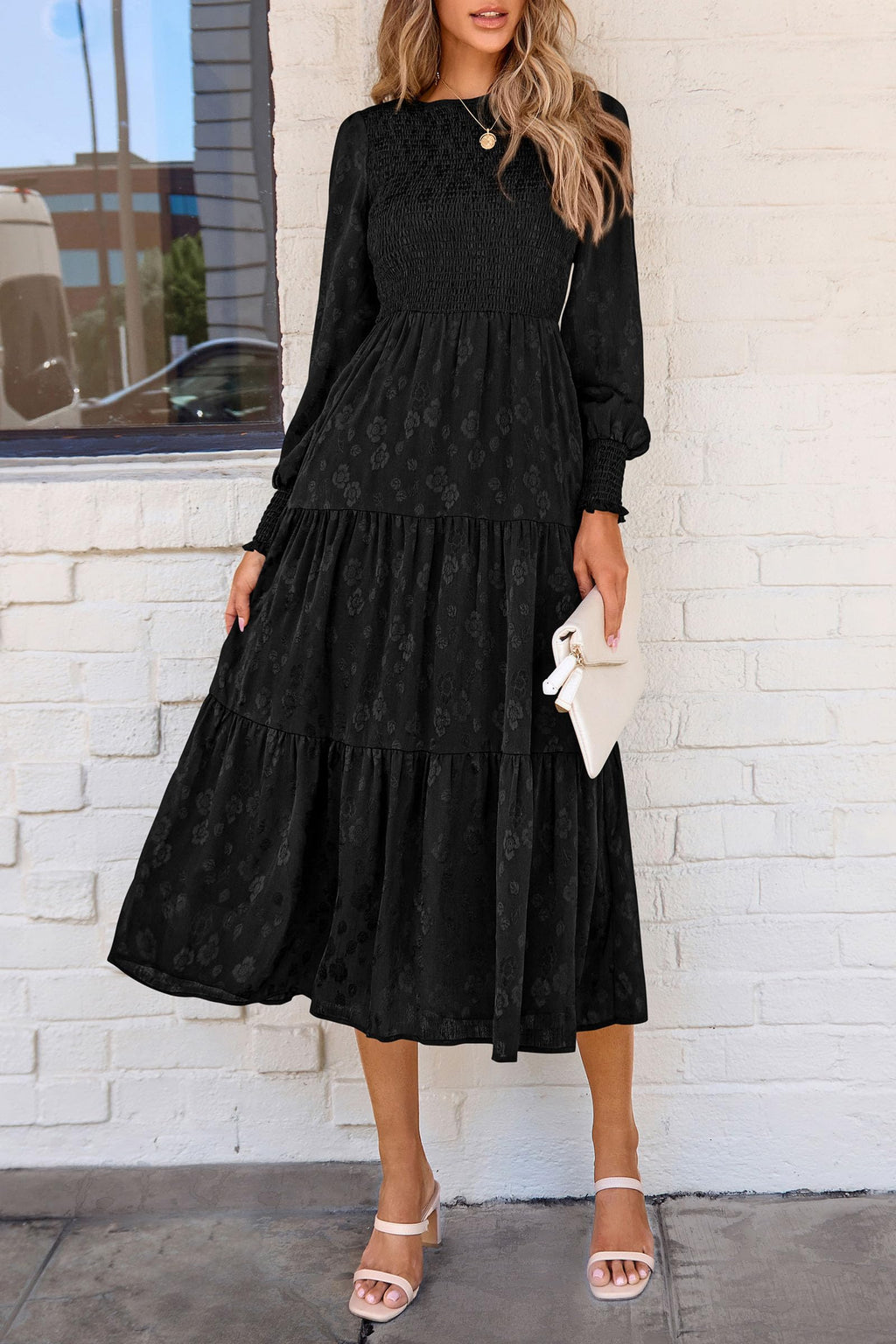 PRETTYGARDEN Women's Fall Spring Midi Dress Long Sleeve Floral Smocked Elegant Wedding Guest Long Flowy Dresses with Pockets