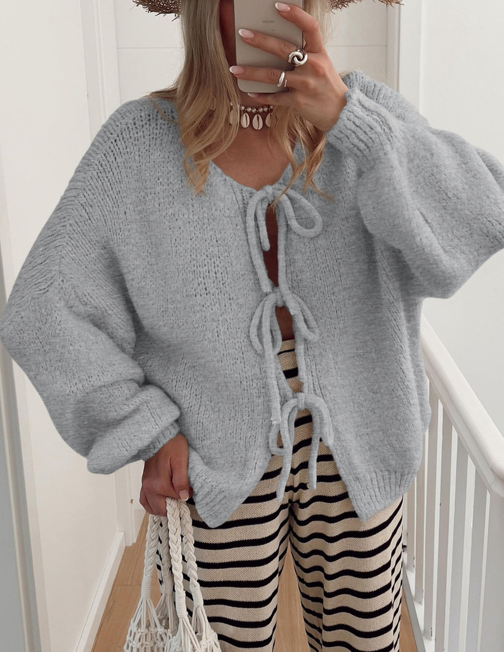 PRETTYGARDEN Women's Tie Front Bow Cardigan Sweaters Chunky Knit Long Puff Sleeve Trendy Fall Winter Jacket Coat