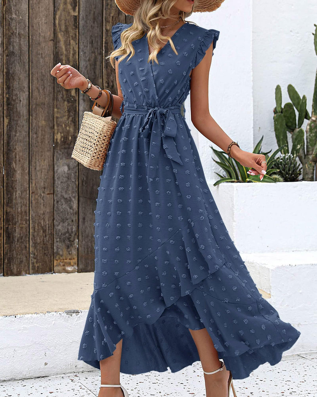 FreshPretty Women V Neck Summer Dress Cap Sleeve Swiss Dot Boho Flowy Ruffle Slit Beach Party Long Maxi Cocktail Dresses