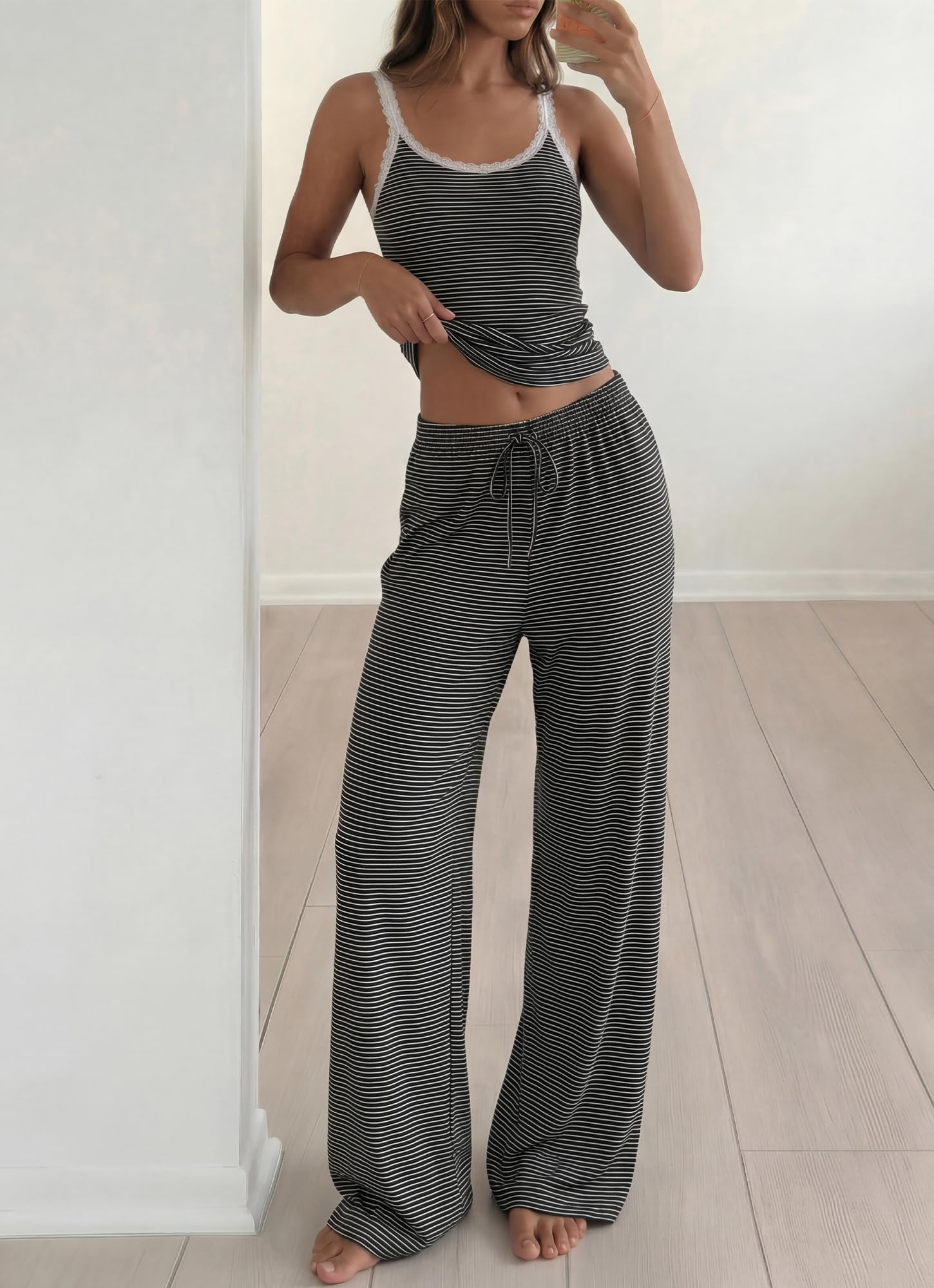 BTFBM Lounge Sets For Women Striped 2 Piece Pajama Sets Spaghetti Strap Tops Wide Leg Pants Beach Vacation Outfits