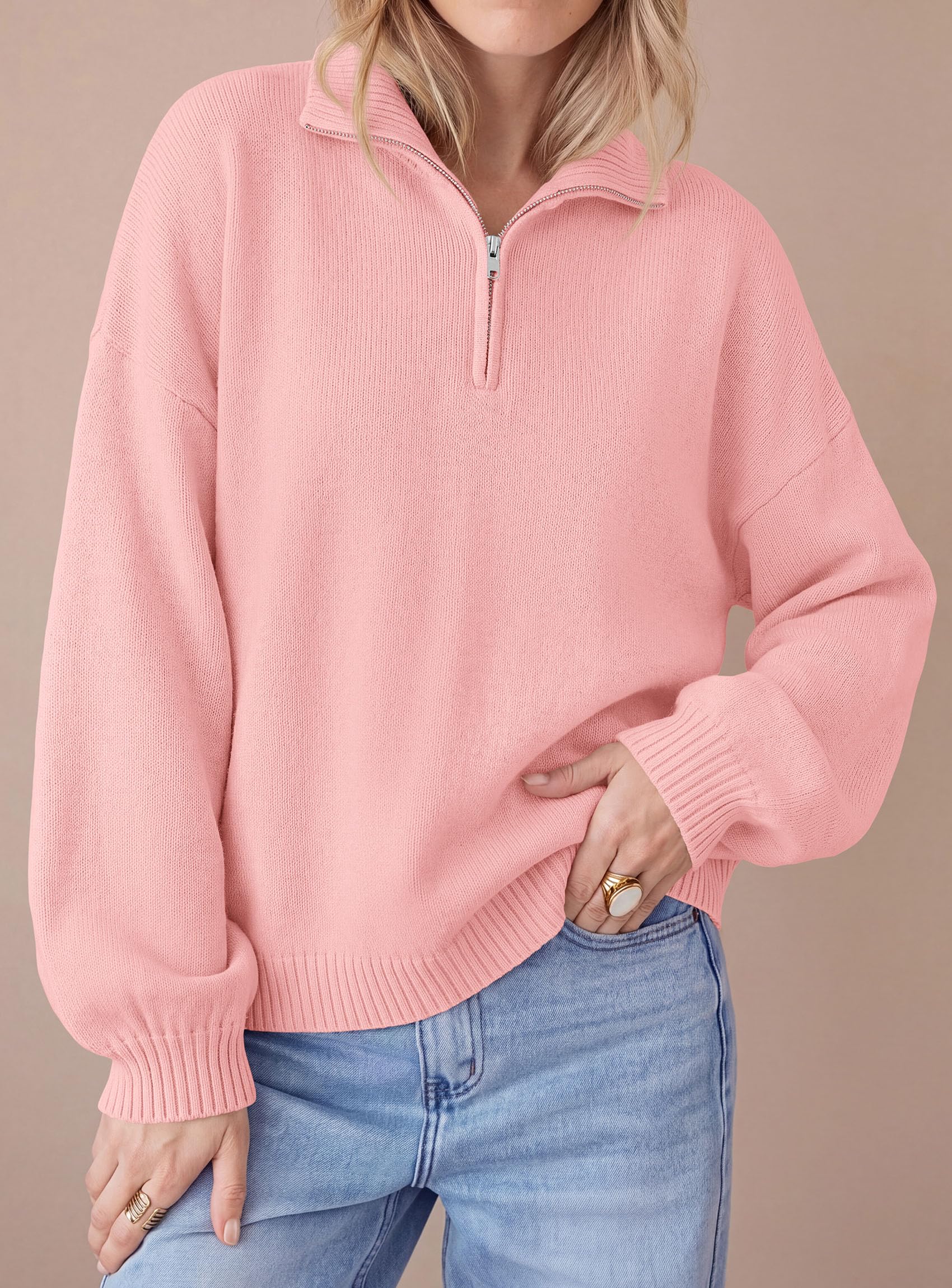 PRETTYGARDEN Women's Quarter Zip Pullover Oversized Sweaters Collared Neck, Long Balloon Sleeve, Jumper Tops, Soft Cozy Knit, Ribbed Hem, Loose Fit, Fall Outfits, Winter Fashion Clothing