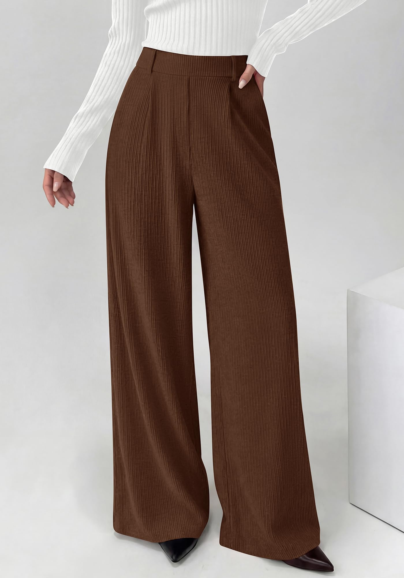 BTFBM Wide Leg Pants for Women Dressy Work Business Casual Elastic High Waisted Trousers Ribbed Lounge Palazzo Pants