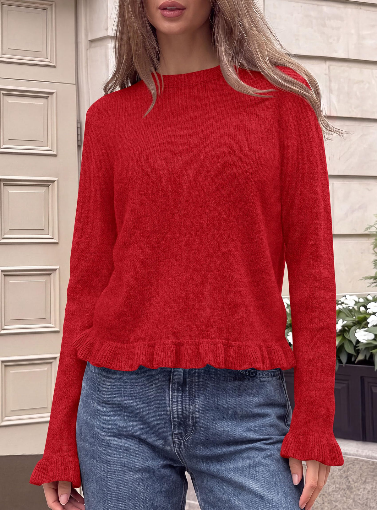 PRETTYGARDEN Women's Ruffle Sweaters Fall Fashion Cozy Knit Pullover Soft Stretchy, Crewneck Long Sleeve, Cute Peplum Tops, Dressy Casual Blouses, Going Out Holiday, Trendy Winter Outfits