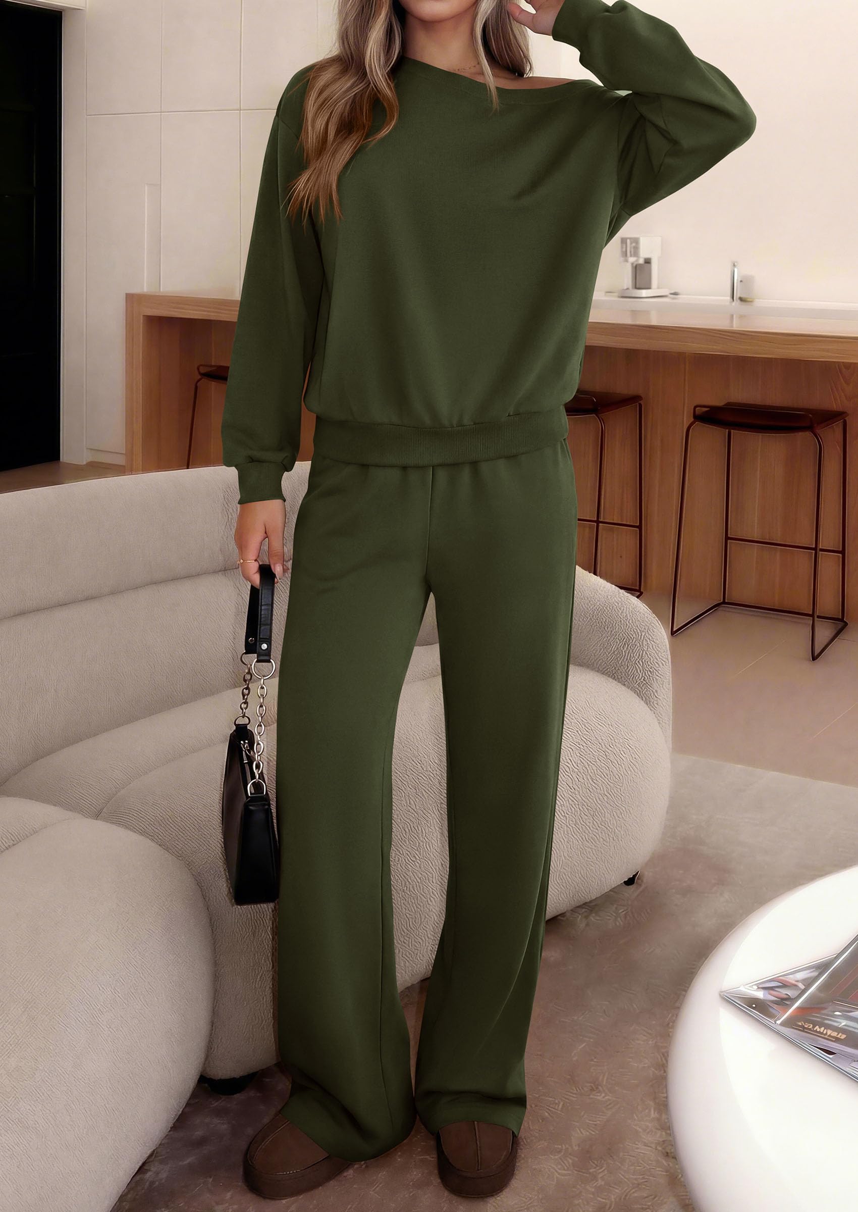 PRETTYGARDEN Womens 2 Piece Casual Matching Lounge Sets Fashion Off the Shoulder Sweatshirt, Wide Leg Pants with Pockets, Comfy Airport Travel Outfit,Trendy Fall Set