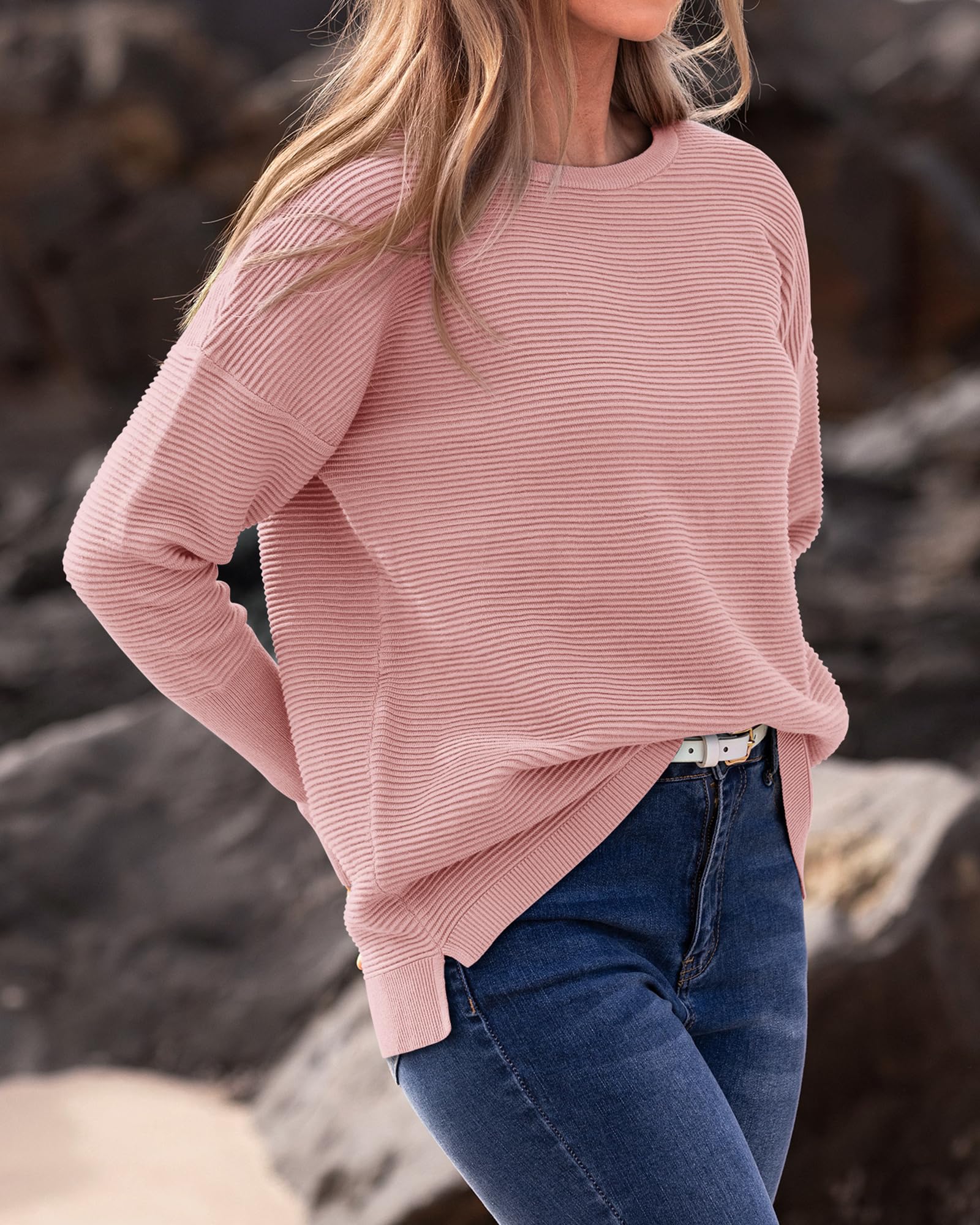 FreshPrettyFall Sweaters for Women Casual Long Sleeve Sweater Striped Loose Fit Pullover Tops