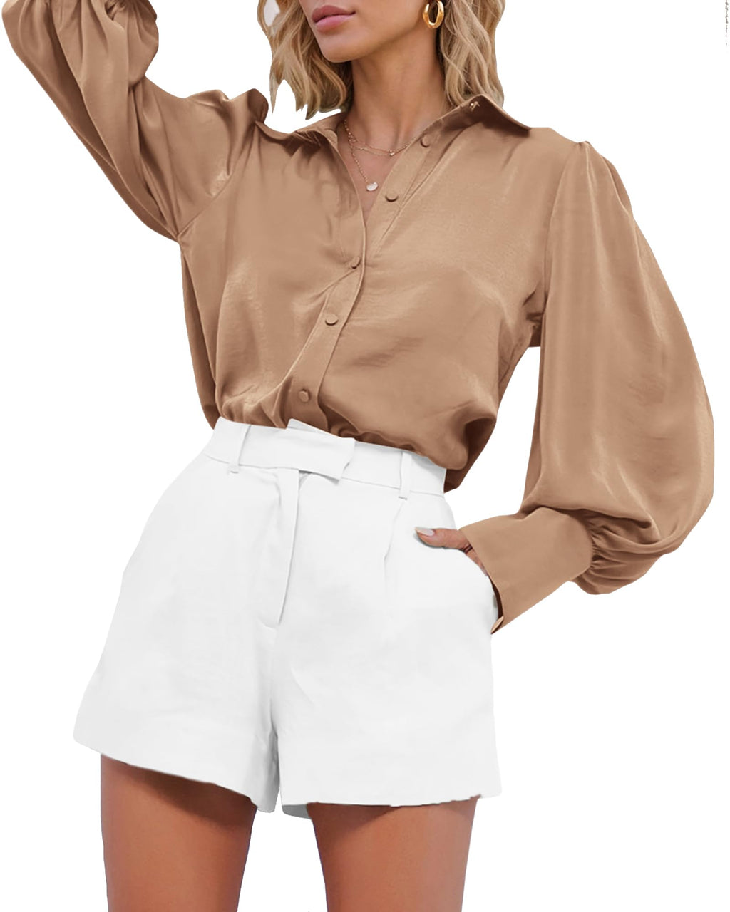 BTFBM Women Satin Blouses Summer Fall Clothes Button Down Lantern Long Sleeve Shirts Work Business Casual Dressy Tops