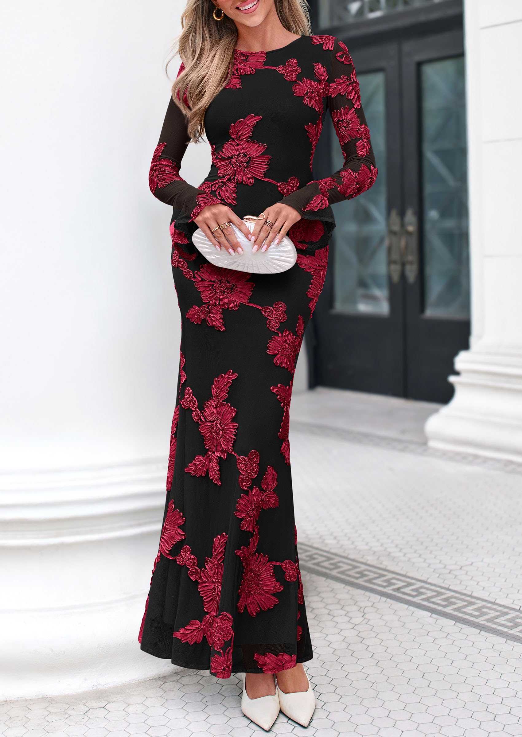 PRETTYGARDEN Women's Formal Floral Maxi Bodycon Dresses Ruffle Long Sleeve, Fall Winter Outfits 2026 for Wedding Guest, Homecoming & Cocktail, Slimming Mesh Dress with Lining