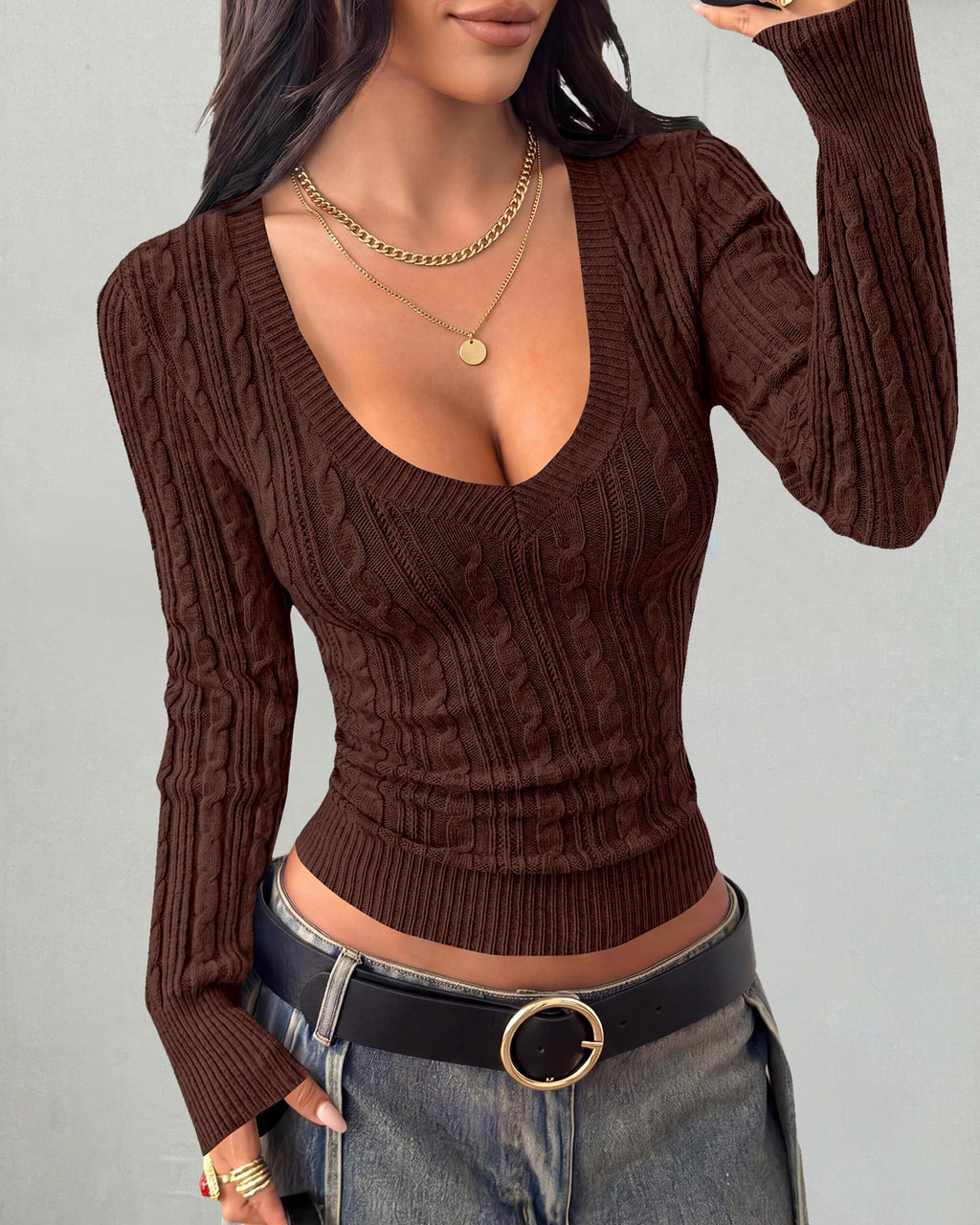 BTFBM Womens Sweaters Cable Knit V Neck Long Sleeve Tops | Lightweight Ribbed Fitted Pullover,Y2K Going Out Top,Basic Tunic Daily Wear Fall,Dressy Work Business Casual Outfits