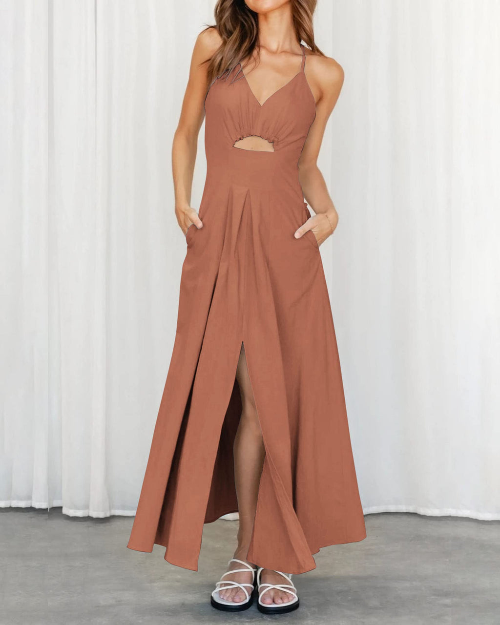 BTFBM Women Spaghetti Strap Midi Summer Dresses Sleeveless V Neck Cutout Slit Casual Beach Party Maxi Dress Pockets