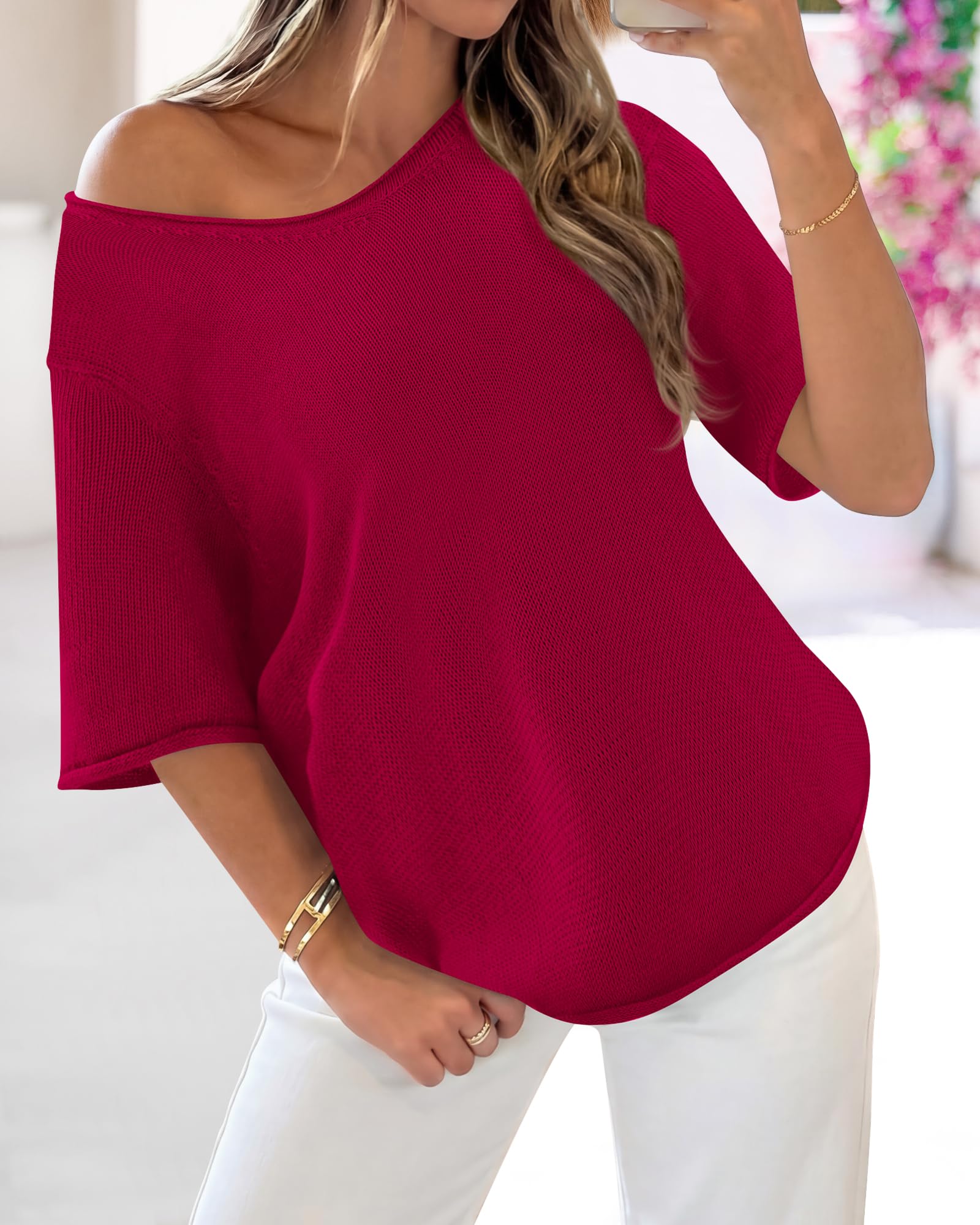 FreshPretty Sweaters for Women Summer Oversized Half Short Sleeve Knitted Pullover V Neck‌ Casual Loose Fit Spring Tops