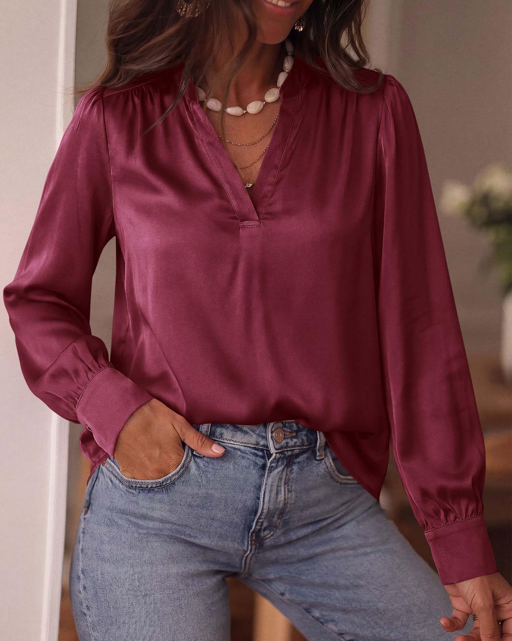 BTFBM Satin Blouses for Women Dressy Casual | Lightweight,V Neck,Long Sleeve Tops,Going Out Outfits,Fall Fashion Clothing