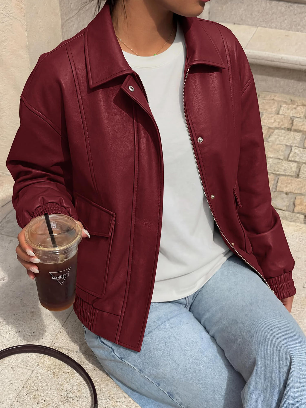 BTFBM Faux Leather Jacket Women Fall Clothes Long Sleeve, Bomber Jackets, Snaps, Pockets, Oversized, Zip Up Motorcycle Outerwear, Airport, Going Out Outfits, Winter Coat