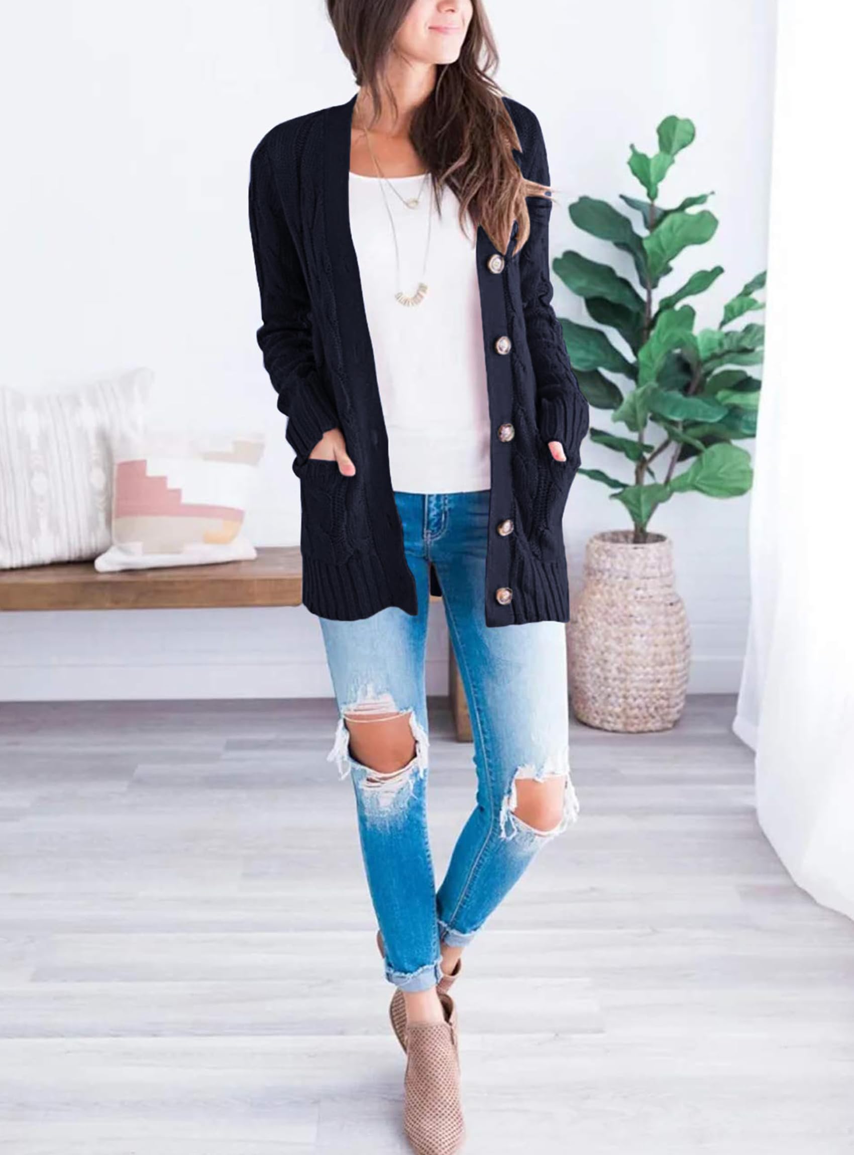 PRETTYGARDEN Women's Open Front Cardigan Sweaters Fall Fashion Button Down Cable Knit Chunky Winter Clothing Outerwear Coats