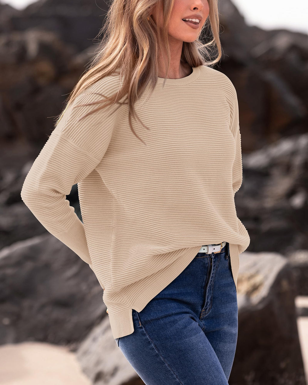 FreshPrettyFall Sweaters for Women Casual Long Sleeve Sweater Striped Loose Fit Pullover Tops