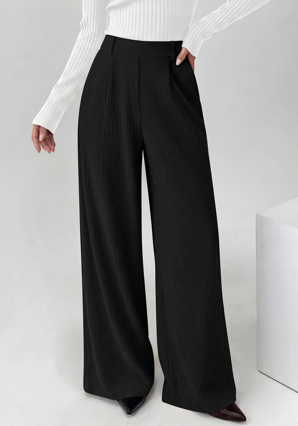 BTFBM Wide Leg Pants for Women Dressy Work Business Casual Elastic High Waisted Trousers Ribbed Lounge Palazzo Pants