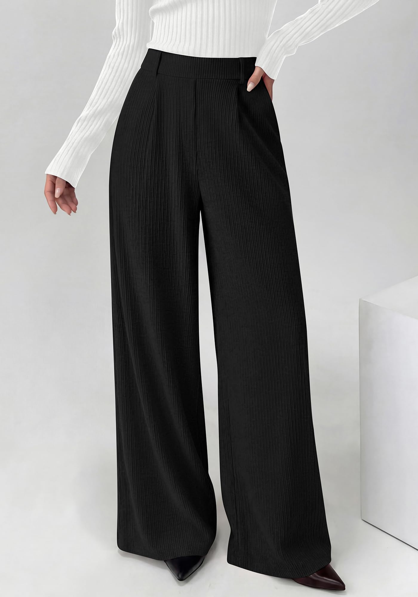 BTFBM Wide Leg Pants for Women Dressy Work Business Casual Elastic High Waisted Trousers Ribbed Lounge Palazzo Pants