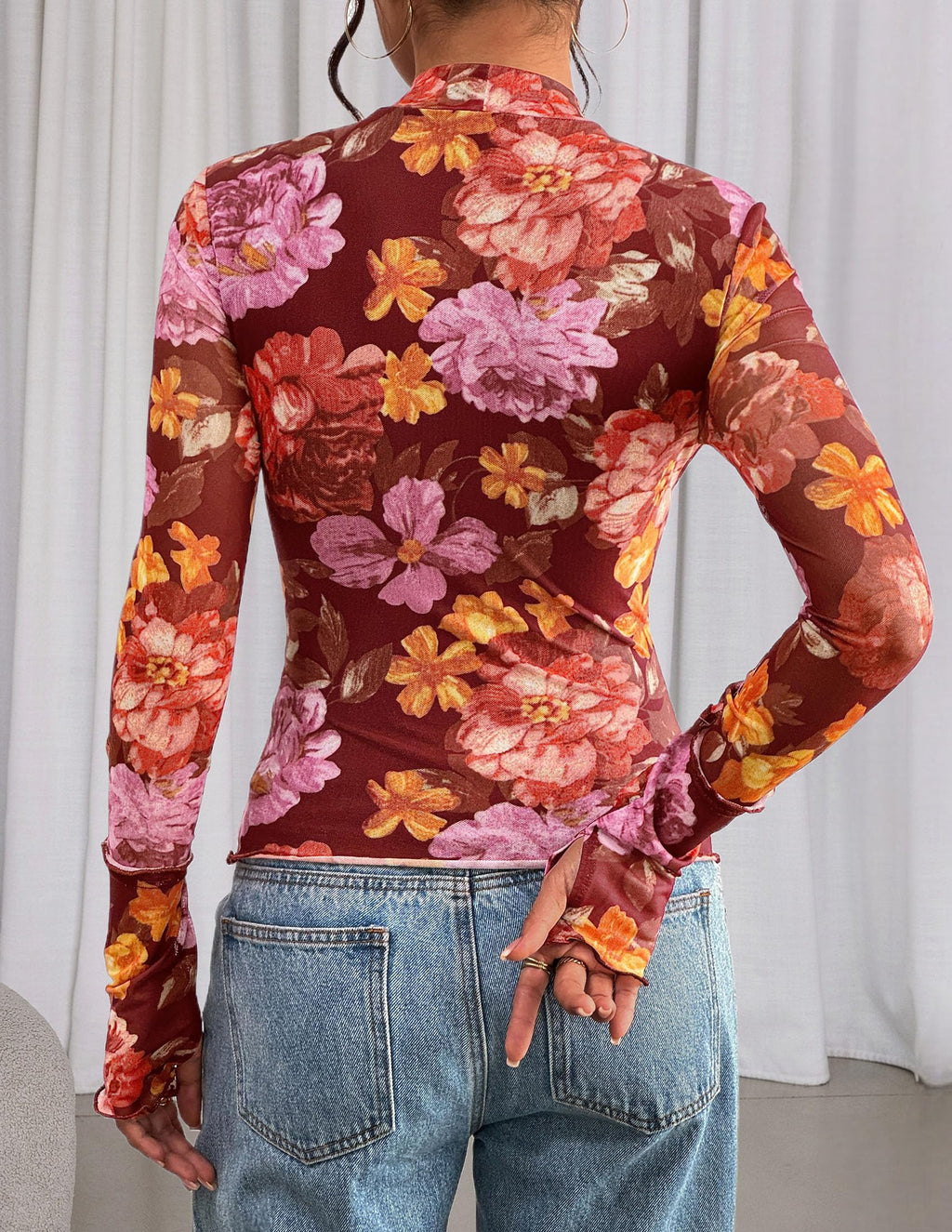 PRETTYGARDEN Womens Fall Mesh Floral Blouses Long Sleeve Going Out Tops Slim Fitted Shirts Date Night Outfits