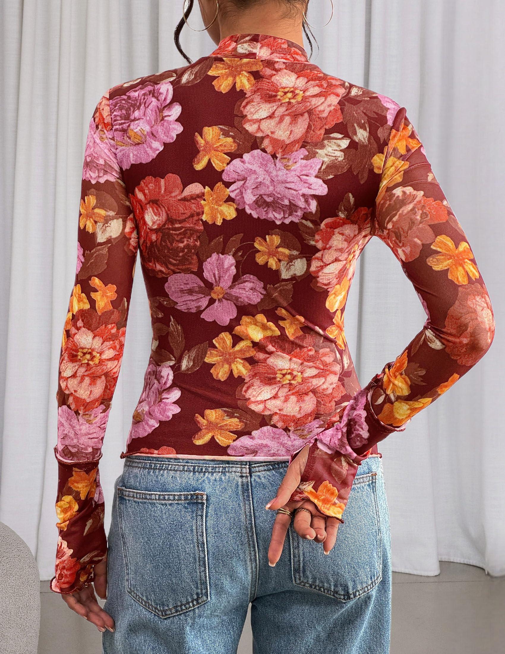 PRETTYGARDEN Womens Fall Mesh Floral Blouses Long Sleeve Going Out Tops Slim Fitted Shirts Date Night Outfits