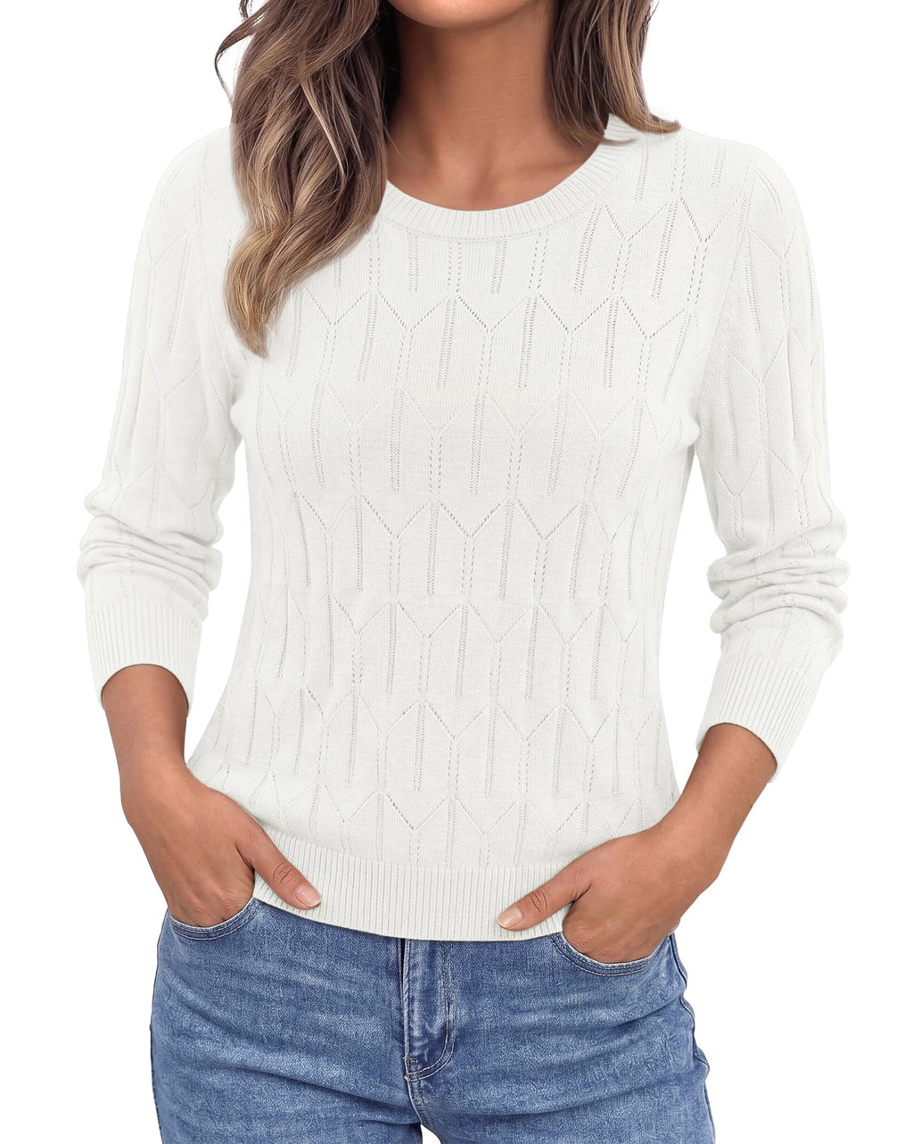 BTFBM Womens Sweaters Long Sleeve Crewneck Pullover Tops Dressy Casual Lightweight Knit Sweater,Small Hollow Out Boho Shirts, Fall Fashion,Winter Layer Basic Clothes,Business Casual Outfits