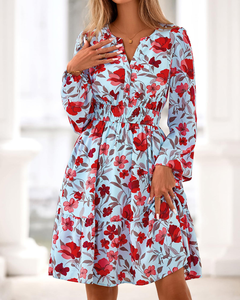 BTFBM Spring Dresses for Women Mini Long Sleeve Elastic Waist Summer Vacation Outfits Floral Wedding Guest Dress