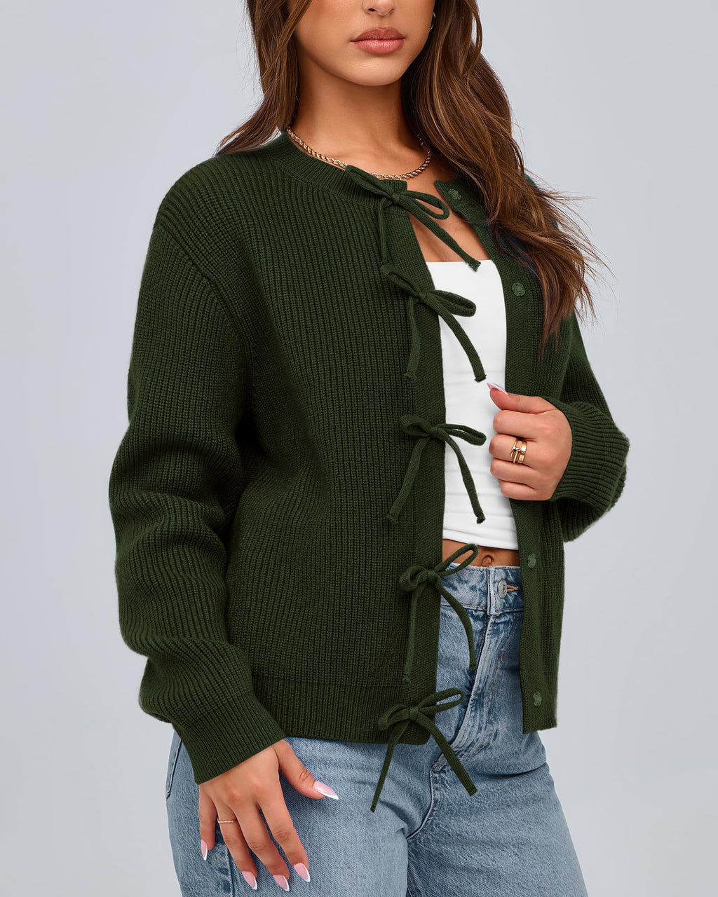 BTFBM Bow Cropped Cardigan Sweaters for Women Fall Winter Open Front Sweater Long Sleeve Button Fashion Spring Clothes