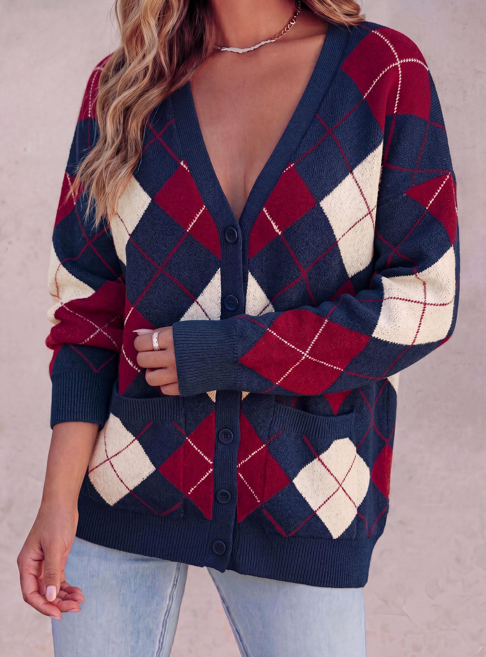 PRETTYGARDEN Women's Cardigan Argyle Winter Sweaters Cozy Warm Chunky Knit, Long Sleeve V Neck, Color Block Plaid, Button Up Pocket,Trendy Fall Jackets, Holiday Going Out Outfits
