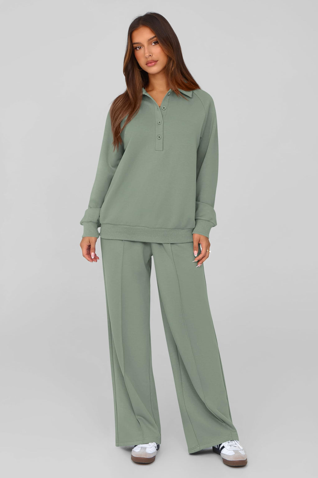 PRETTYGARDEN Women Fall 2 Piece Outfits Sweatsuits Lounge Sets Quarter Button Long Sleeve Sweatshirt, Wide Leg Sweat Pants, Casual 2 Piece Sets Tracksuit, Airport Travel Outfits for Women
