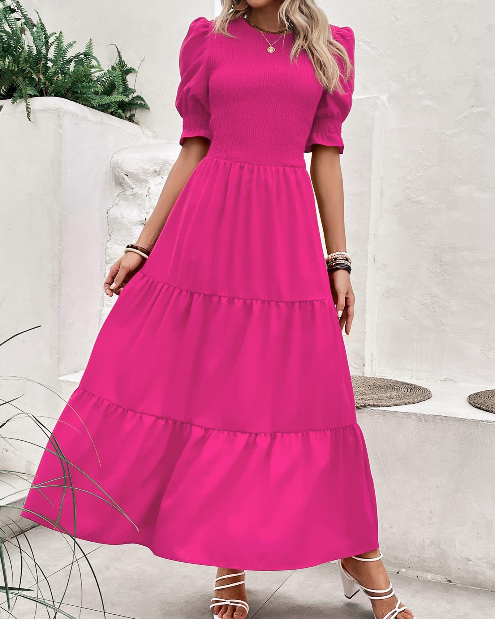 FreshPretty Women Casual Summer Dresses Spring Crew Neck Ruffle Short Sleeve Floral Print Smocked Boho Flowy Maxi Dress