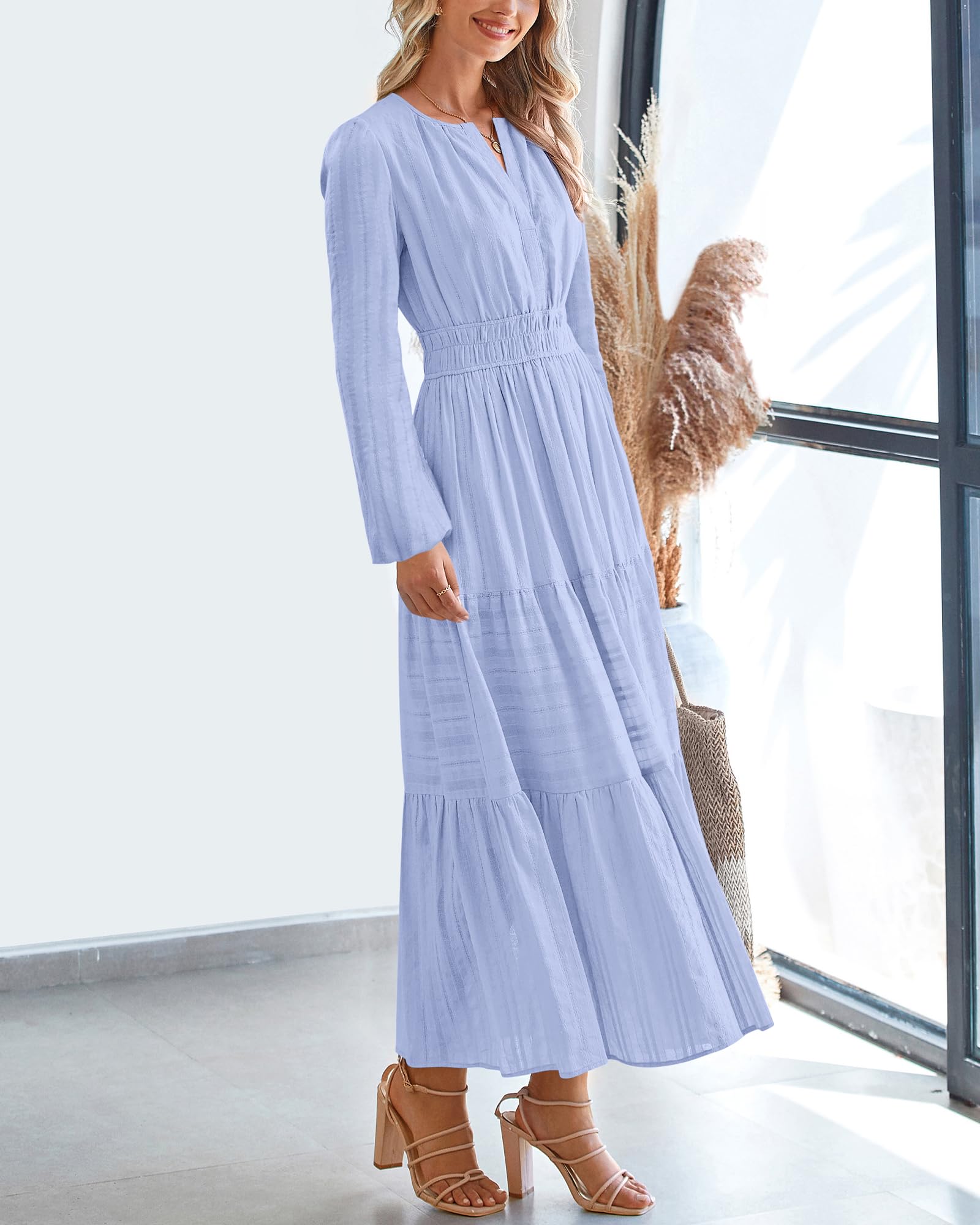 FreshPretty Fall Dresses for Women Casual Long Sleeve V Neck Elastic Waist Lightweight Maxi Wedding Guest Dress Pockets