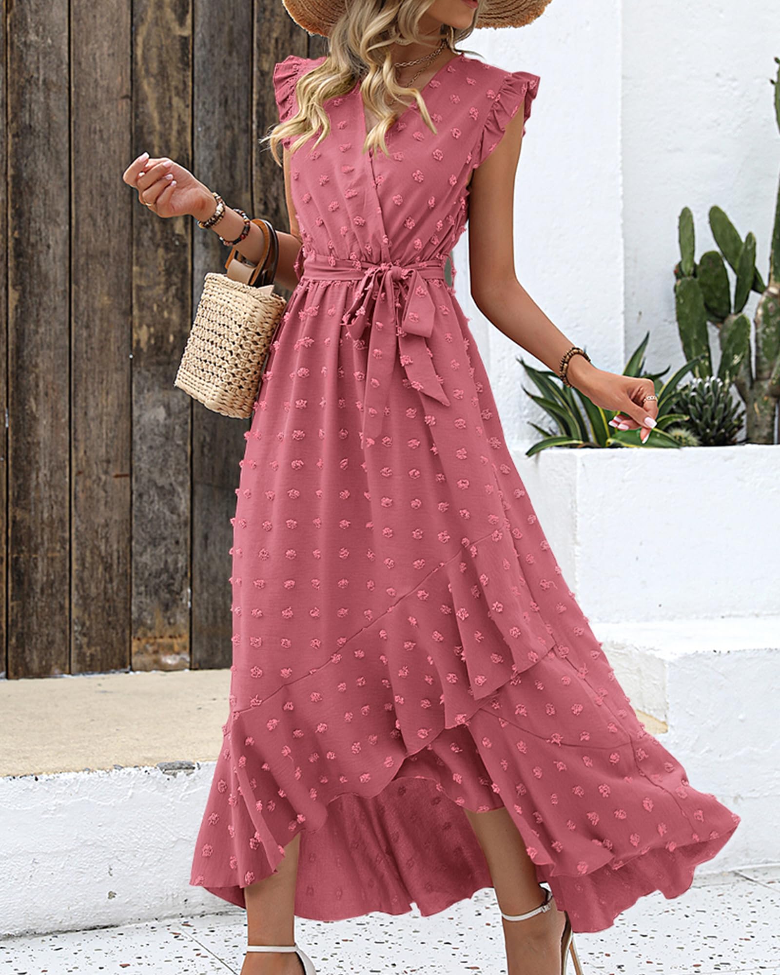 BTFBM Boho Dresses for Women Spring Fashion Cap Sleeve Swiss Dot Flowy Ruffle Beach Wedding Cocktail Maxi Dress