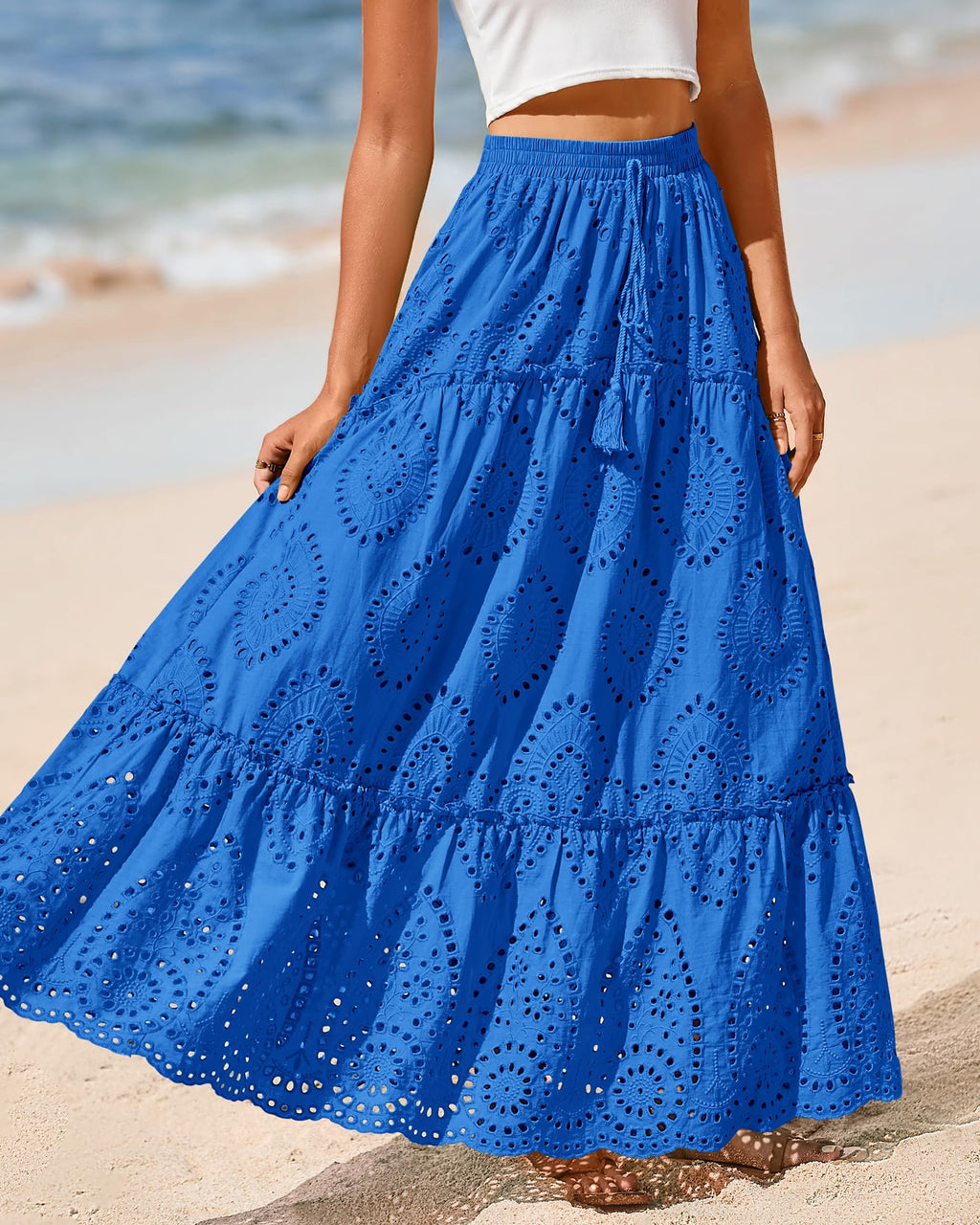 BTFBM Long Skirts for Women Summer Boho Lace Embroidery High Waist Flowy Tiered Spring Maxi Skirt Beach Vacation