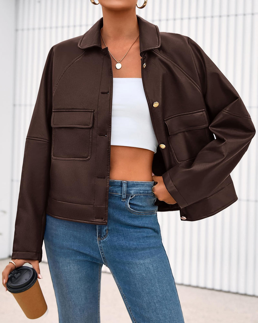 FreshPretty Leather Jacket Women Fall Clothes Long Sleeve Button Down Winter Coats Oversized Motorcycle Outwear