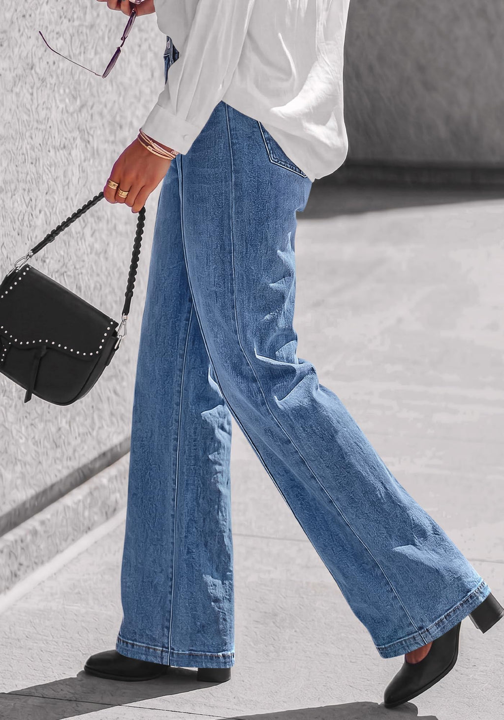 BTFBM Front Seam Stretchy Wide Straight Leg Jeans for Women Trendy Boyfriend Baggy Denim Jeans, High Waisted Palazzo Pants, 5-Pocket, Relaxed Fit, Full Length, Casual Bottoms, Fall Outfits