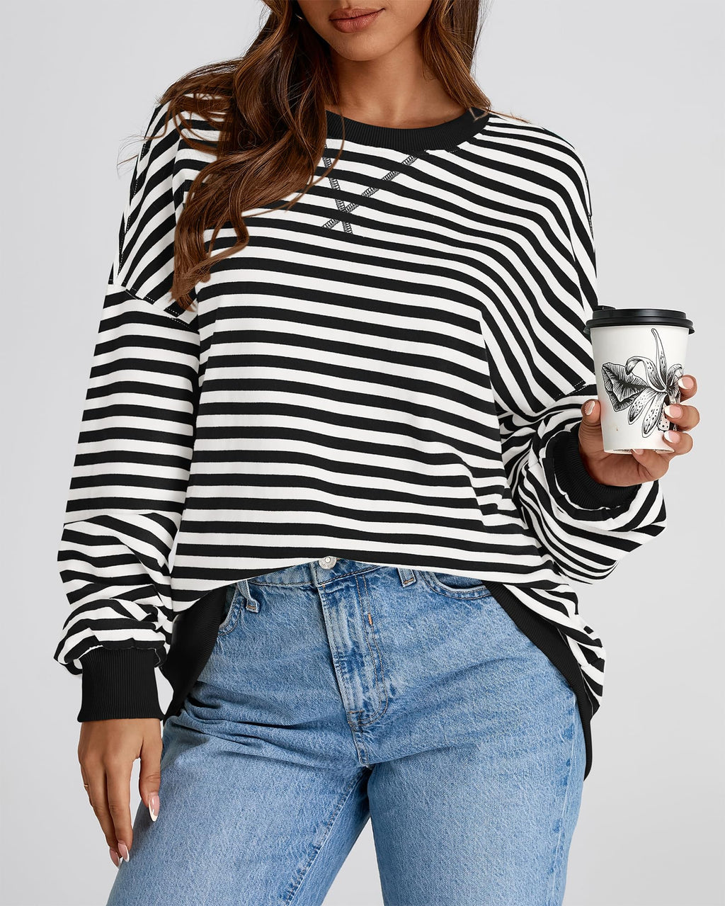 BTFBM Sweatshirt For Women Summer Crewneck Long Sleeve Oversized Striped Pullover Tops Y2K Clothes Workout Shirt