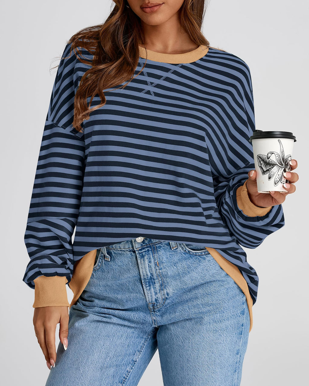BTFBM Sweatshirt For Women Summer Crewneck Long Sleeve Oversized Striped Pullover Tops Y2K Clothes Workout Shirt